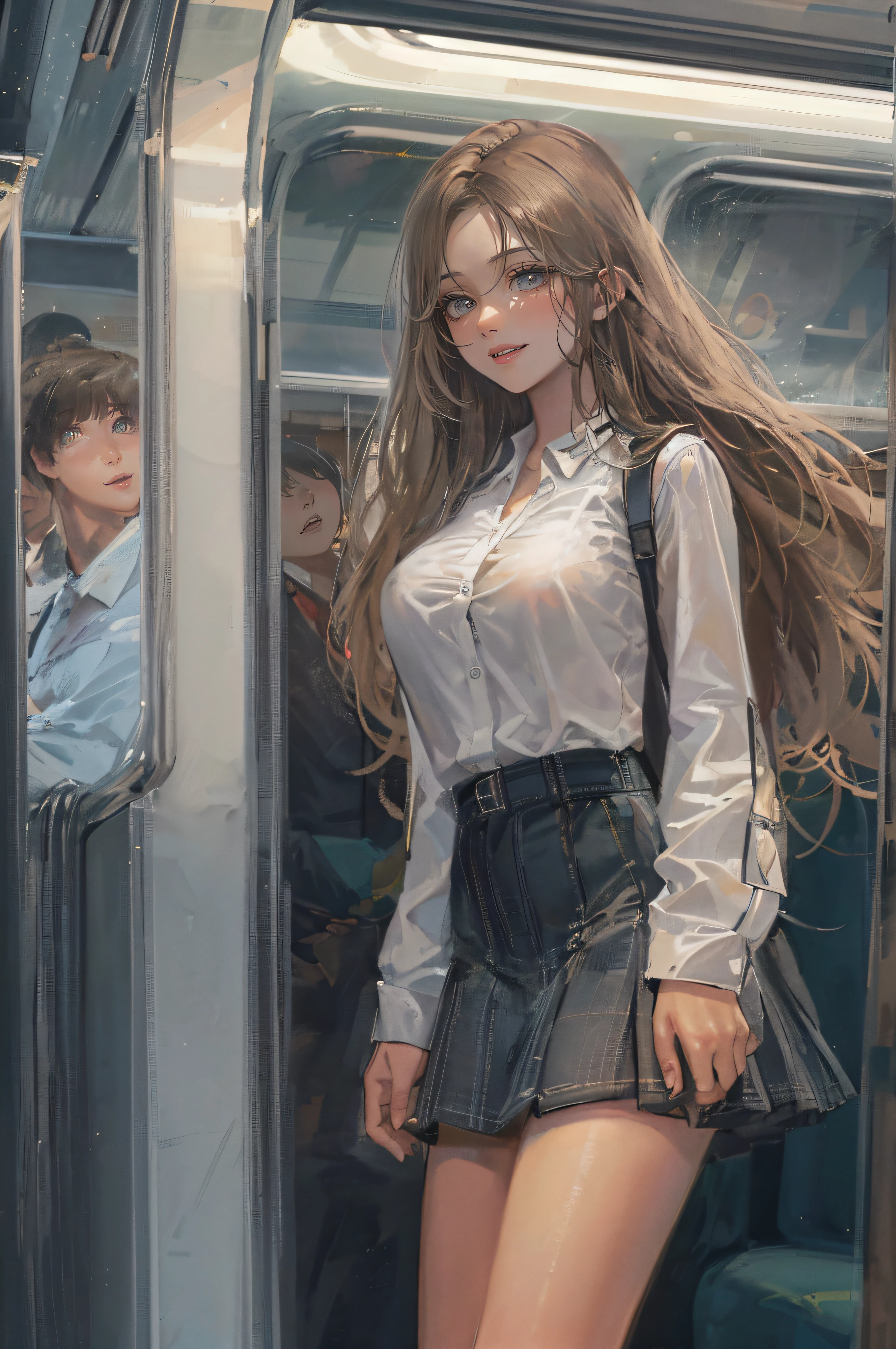 ((A sexy and beautiful woman is staring at me on the commuter train)), ((cutest 22-year-old beauty)), ((charming smile)), ((very long hair) ) , ((Mini Skirt)), ((Rich Bust)), Gradient Eyes, Seductive Makeup, Single View, NFFSW, UHD, Retina, Masterpiece, Accurate, Anatomical, Scientifically Correct, Textured Skin, Super Detail, high detail, high quality, award winning, highest quality, high resolution, 1080P, HD, 4K, 8k, 16k