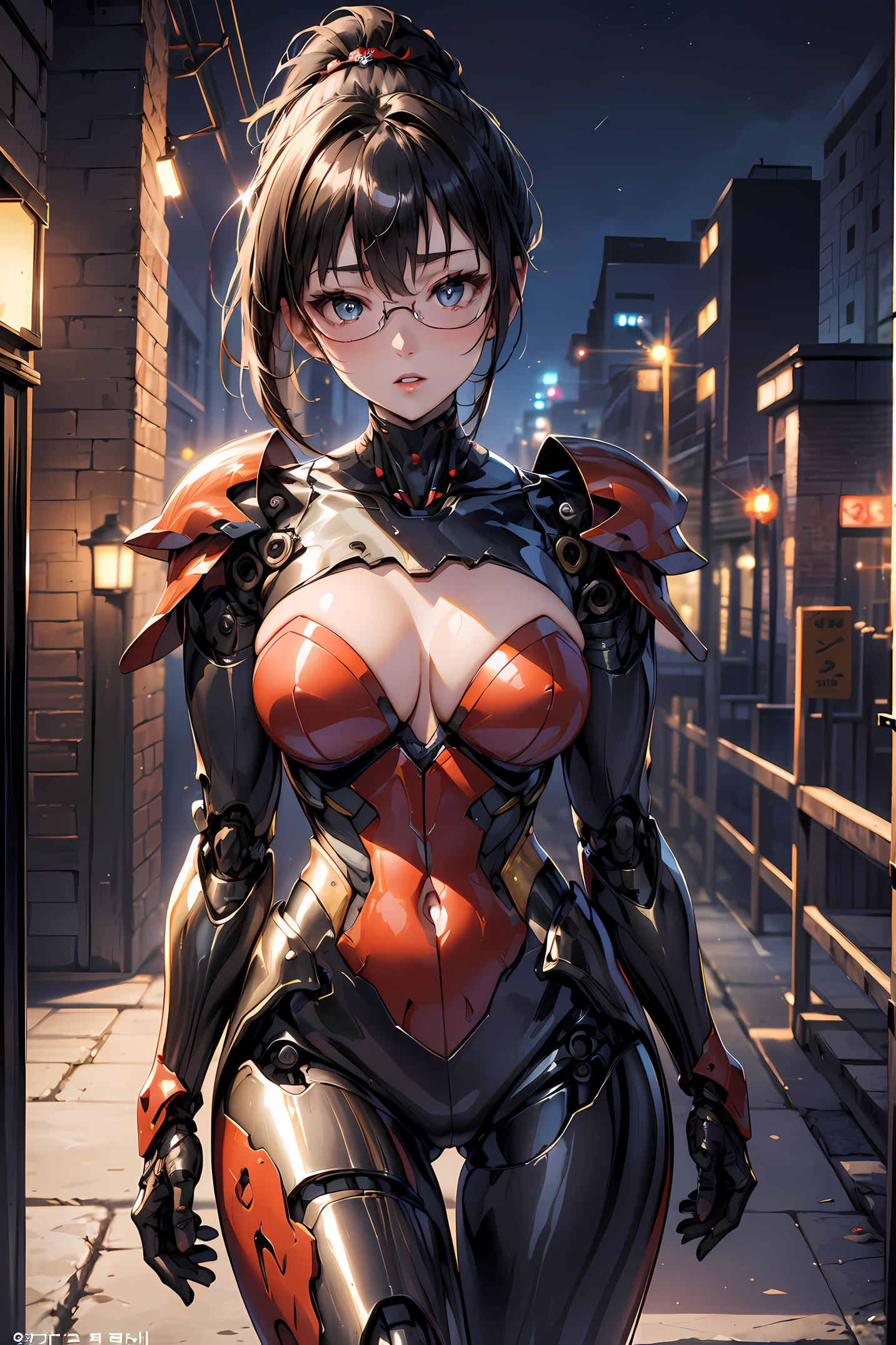 (1mecha girl:1.3, solo), (Audrey Hepburn:1.3), (a extremely pretty and beautiful Japanese woman), (sexy girl), (professional attire:1.3), (22 years old: 1.1), (walking on red carpet:1.3), (attractive random posing:1.3), (in the night royal party:1.3), (looking straight at you:1.3), (starring at you:1.3), (front view:1.3),  break, (ponytail:1.3), (shiny-black thin hair:1.2), bangs, dark brown eyes, beautiful eyes, princess eyes, (big eyes:1.3), bangs, wearing a glasses:1.3, Hair between eyes, short hair:1.3, (slender:1.1), (small-medium-breasts:0.95), (thin waist: 1.15), (detailed beautiful girl: 1.4), Parted lips, Red lips, full-make-up face, (shiny skin), ((Perfect Female Body)), (upper body image:1.3), Perfect Anatomy, Perfect Proportions, (most beautiful Korean actress face:1.3, extremely cute and beautiful Japanese actress face:1.3), BREAK, (View viewer, wearing a lovely bitch cordinate, (insanely detailed shiny-red cyborg body armor:1.3), (mecha cyborg armor:1.3), (pin-heels:1.3), detailed clothes, BREAK, (detailed royal night party background:1.2), (dark background), (Studio soft lighting: 1.3), (fake lights: 1.3), (backlight: 1.3), BREAK, (Realistic, Photorealistic: 1.37), (Masterpiece, Best Quality: 1.2), (Ultra High Resolution: 1.2), (RAW Photo: 1.2), (Sharp Focus: 1.3), (Face Focus: 1.2), (Ultra Detailed CG Unified 8k Wallpaper: 1.2), (Beautiful Skin: 1.2), (pale Skin: 1.3), (Hyper Sharp Focus: 1.5), (Ultra Sharp Focus: 1.5), (Beautiful pretty face: 1.3), (super detailed background, detail background: 1.3), Ultra Realistic Photo, Hyper Sharp Image, Hyper Detail Image,