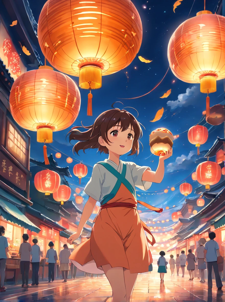 Mid-Autumn Festival, Cute little girl s，Mooncakes in your hands，Wear ancient costumes, Rabbit playing around girl, Auspicious clouds, Behind the huge moon, Warm colors, Abstract imagery, ultra-realistic realism, Pixar style, 3d effect, Disney style, Clear edge light, rim-light, fantasy, spotlight, 8K