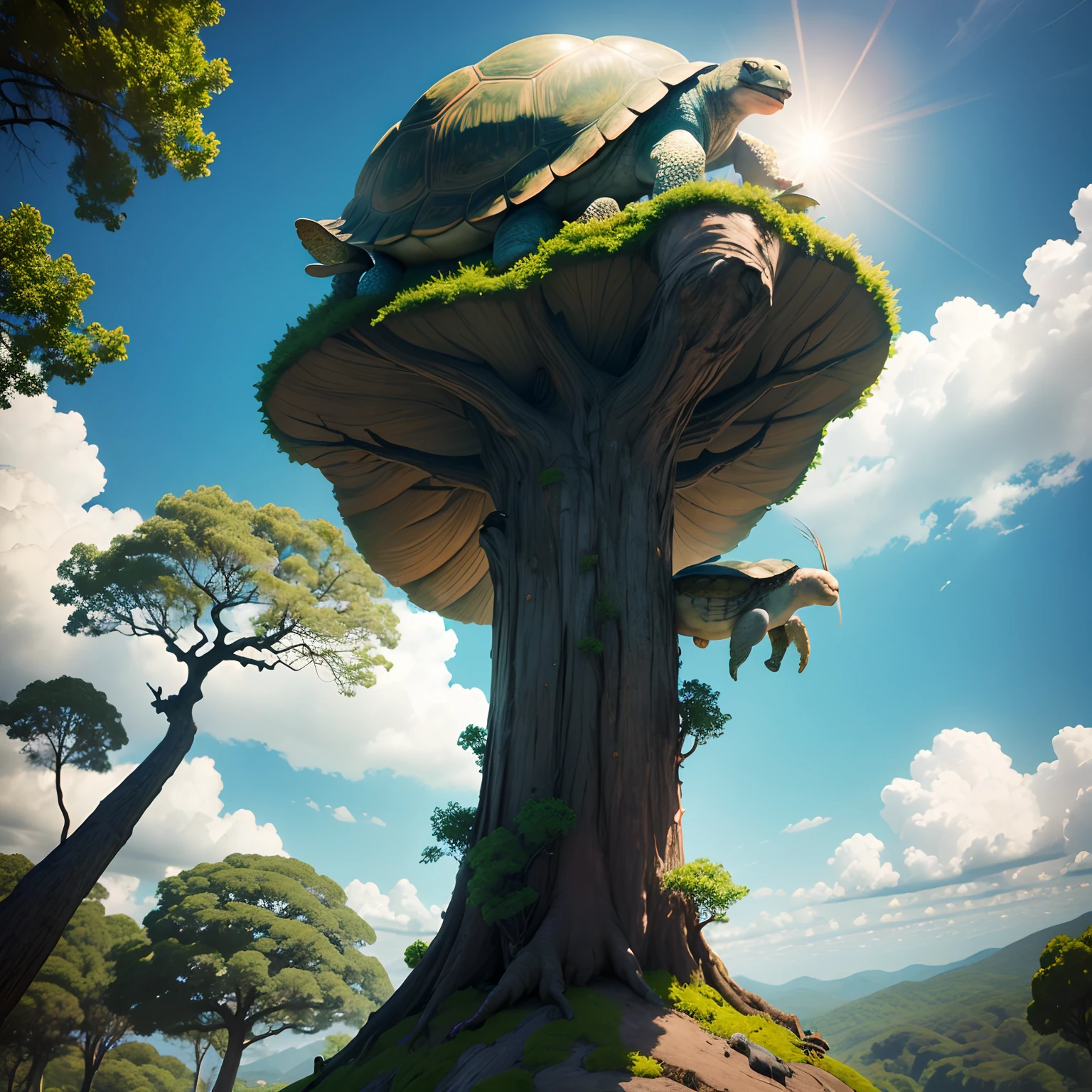 "Imagine a surreal scene in which a lone giant tortoise balances precariously on top of a tall tree. The scene is illuminated by a bright sun, And the turtle seems to be completely at ease up there. Create an image that captures the absurdity and humor of this situation." "Visualize an incredibly vivid and surreal scene: em um dia ensolarado, em uma floresta exuberante, you come across a very tall tree. At the top of the tree, balanced in a surprising and hilarious way, is a giant tortoise. The lone turtle looks calm and even smiling as it defies gravity, with their paws stretched out defiantly climbing the highest of the tree. The green leaves of the tree contrast with the brown shell of the lone turtle,and the bright blue sky in the background. Create an image that conveys the absurdity and humor of this unique and unlikely scene." Loneliness and the challenge of climbing the tree, o topo da arvore.