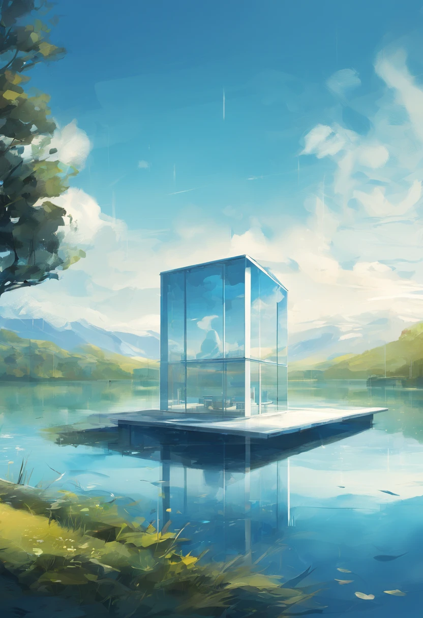 The square glass house on the surface of the simple lake, the blue and white background is the blue sky futuristic sense of technology