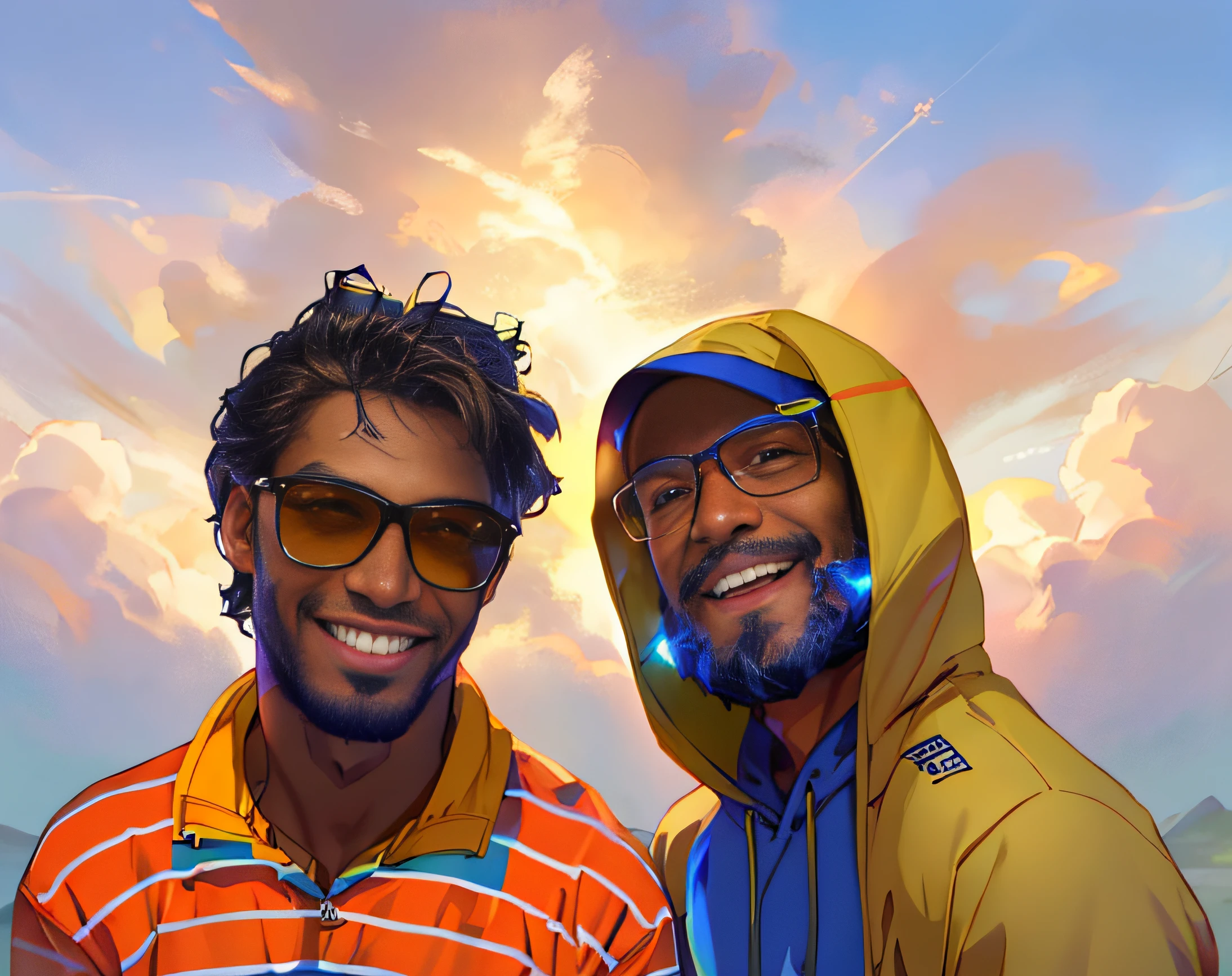 (best quality,4k,highres,masterpiece:1.2),realistic,portrait,detailed smiling men,detailed smiles,one man wearing sunglasses,one man wearing a hoodie,two smiling men,expressive eyes,well-drawn faces,captivating expressions,vivid colors,professional lighting,sharp focus