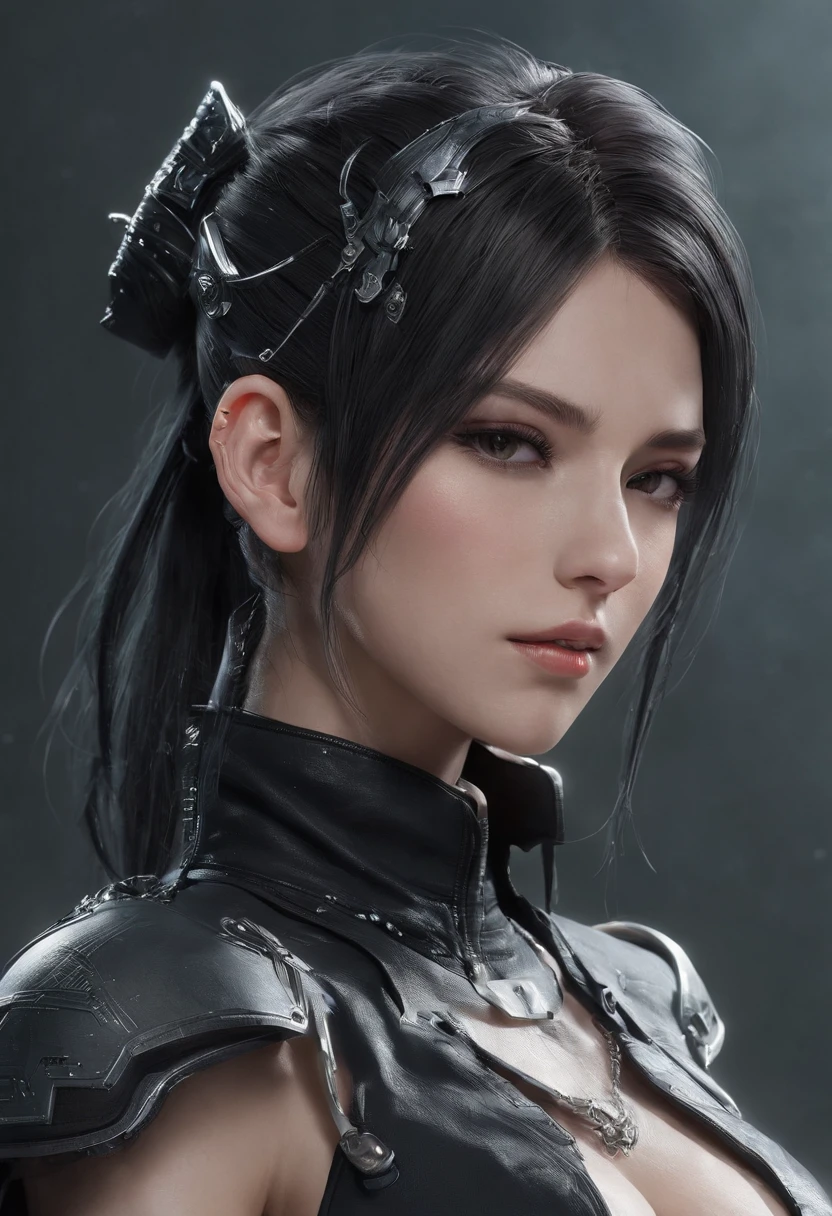 (( full body )) A beautiful Christina Chong beautiful face, narrowed eyes. smirk. black braided hair with narrowed eyes, a smirk, and black braided hair, wearing an intricate ornate chrome bodysuit, hostile assassin, 1girl, beautiful detailed eyes, beautiful detailed lips, extremely detailed eyes and face, long eyelashes, cinematic lighting, hyper realistic, 8k, high quality, masterpiece, photorealistic, professional, sharp focus, vivid colors, dark sci-fi, cyberpunk, advanced technology