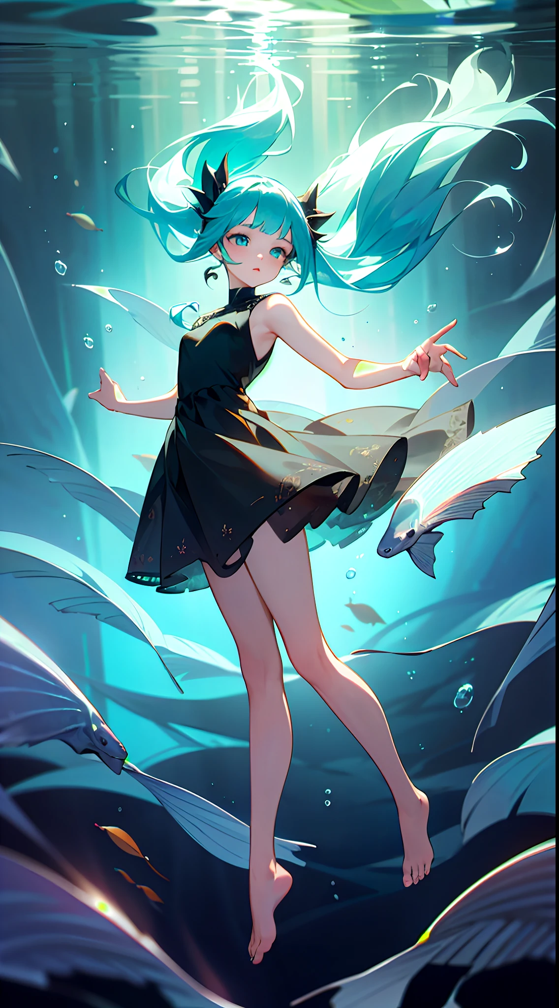 Masterpiece, best quality, high quality, 1girl, (((deep sea))), floating hair, (((underwater))), bubble, fish, jellyfish, beam of light, mystical, fantastical, floating, black short dress, sleeveless dress, blue green hair, super long hair, twin tails, blue green eyes, (((full body))), face focus, yearning, lonely, sad, barefoot, Volumetric Lighting, Best Shadows, Shallow Depth of Field, Portrait Of Stunningly Beautiful Girl, Delicate Beautiful Attractive Face With Alluring Eyes, fine detailed eyes, highly detailed fine art, (finely detailed beautiful eyes and detailed face), delicate depiction of facial features, (Highest Quality, Amazing Details:1.25), (Solo:1.3), Brilliant Colorful Paintings, (Aesthetic), (Beautiful), (professional angle), (Feminine), (Woman), (Female), (Beautiful), (Feminine features), (16-years old), Solo, 1 woman, Dramatic light, Beautiful hands, Two hands, normal hands, Two arms, complete hands, Beautiful body, Beautiful fingers, normal fingers, Five Fingers, (Thumb index finger ring finger), Beautiful ears, normal ears, Beautiful eyes, shiny eyes, Beautiful mouth, Beautiful lips