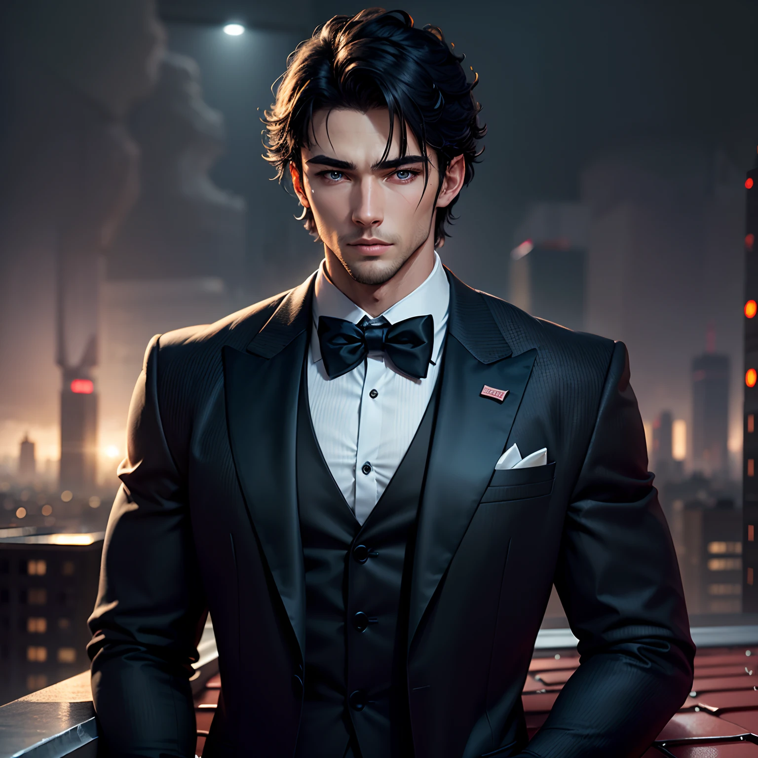 Absurd, high resolution, super detailed), 1 male, adult, handsome, tall muscular man, broad shoulders, black tuxedo, blue eyes and delicate face, black hair, fantasy, rain,rooftop building,rain