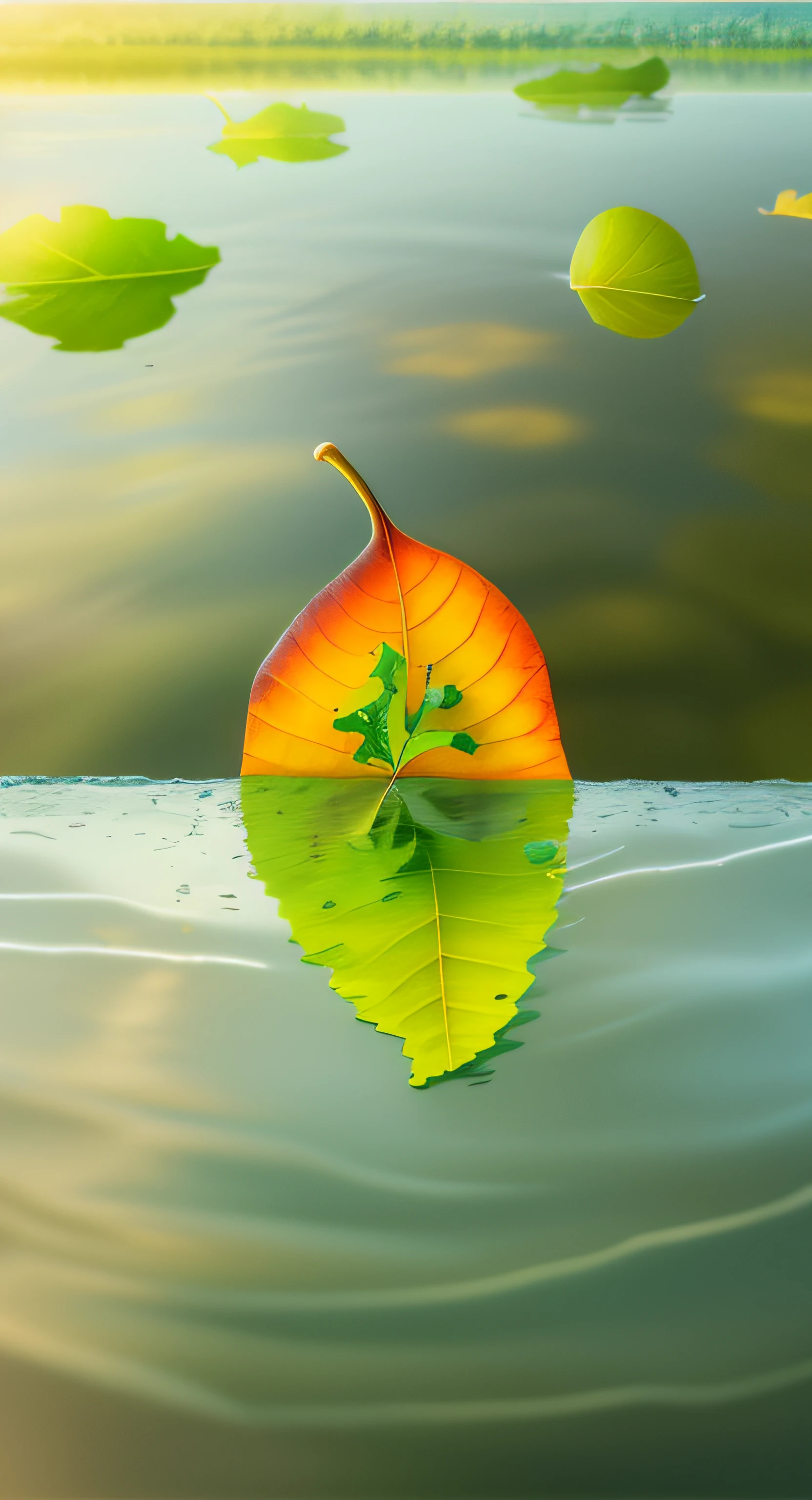 Early autumn view，A leaf that fell on the surface of the water，closeup cleavage，The view of water and sky，The colors are clear from the middle cold and warm