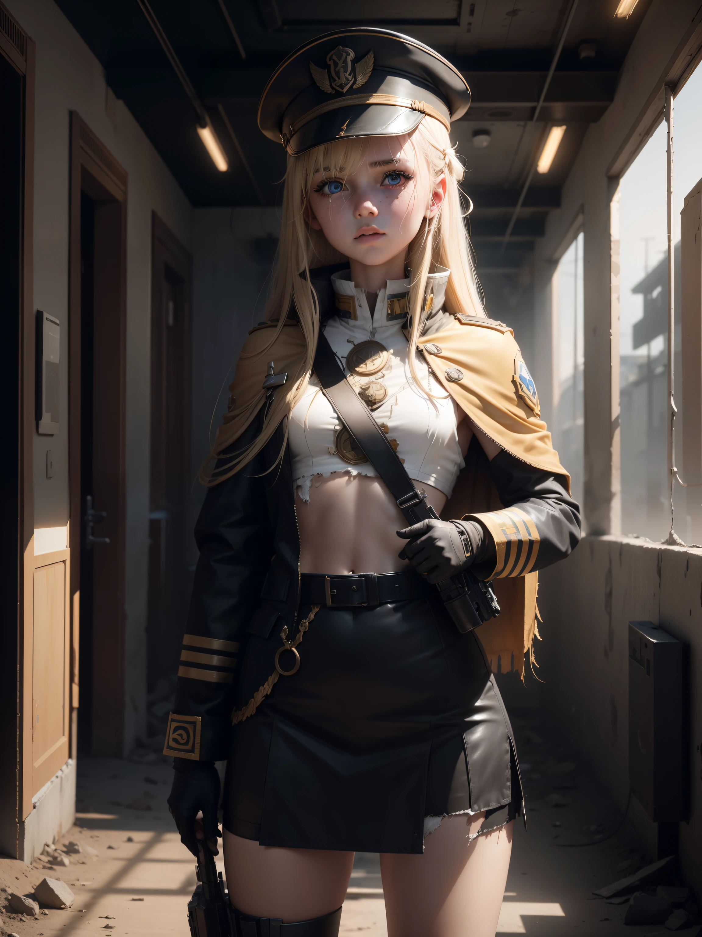 Destroyed towns,3 Ukrainian girls , Ukrainian anime girls , , Ukraine , Full body composition of young girl with messy bright blonde hair, eye make up, 13 year old, Soft lighting, Solo, Old torn dirty shabby futuristic military uniform, badges, Pose, Blotch color, Octane Render, Hyperrealistic intricate detail, Cinematic, 8K resolution, 70mm, Accent Lighting, Global Illumination, Full body portrait, clean detailed faces, intricate clothing, Cute face, flat chest, Slim waist, Slim legs, small hips,Major's uniform,Major's hat,Holding a handgun,Long jacket,Carrying a cloak,actionpose,Fancy Action,