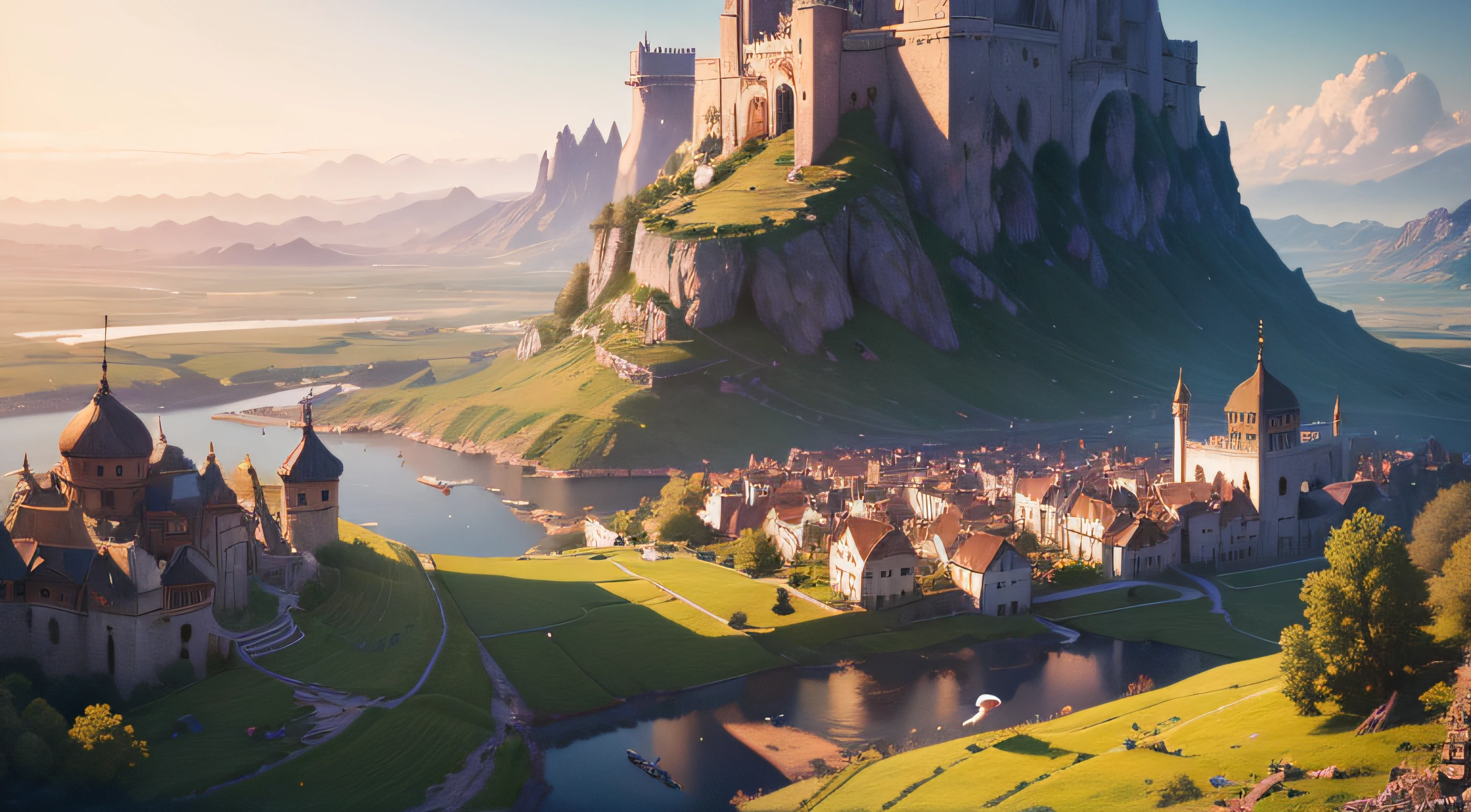 high res, ultra detailed, Design an image with a cinematic lens , about Princess Lila and bird, with vibrant fields and bustling villages the vast kingdom of Lumina in the background . Everything is rendered in 8K ultra-high detail,
