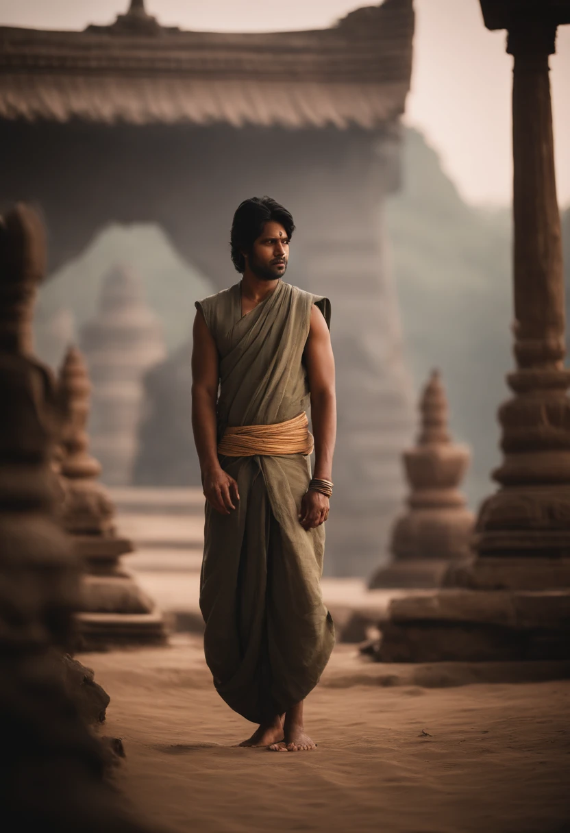 Very high definition photorealistic image of a cultured Indian man, intelligent face, 30-year-old, toned body, smartly trimmed black beard, black hair, collar length hair, hair combed back, wearing an (((indigo blue dhoti))), blue dhoti, and a (((white collarless shirt))). The shirt is untucked. Full length image, casual relaxed pose. He stands in an ((underground)) Hindu temple. The temple itself is carved out of dark green rock, rock banded with different shades of green. The scene is lit only by the light of ((hundreds of candles)), clustered around the bases of the squat, ((round)) columns that support the temple's roof. The temple's walls are covered in erotic carvings, khajuraho style sculptures