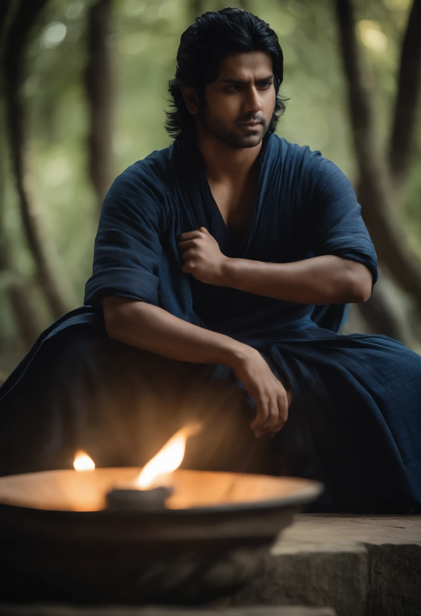 Sasuke em Indian dhoti kurta, no templo de Shiva, segurando um trishul.
