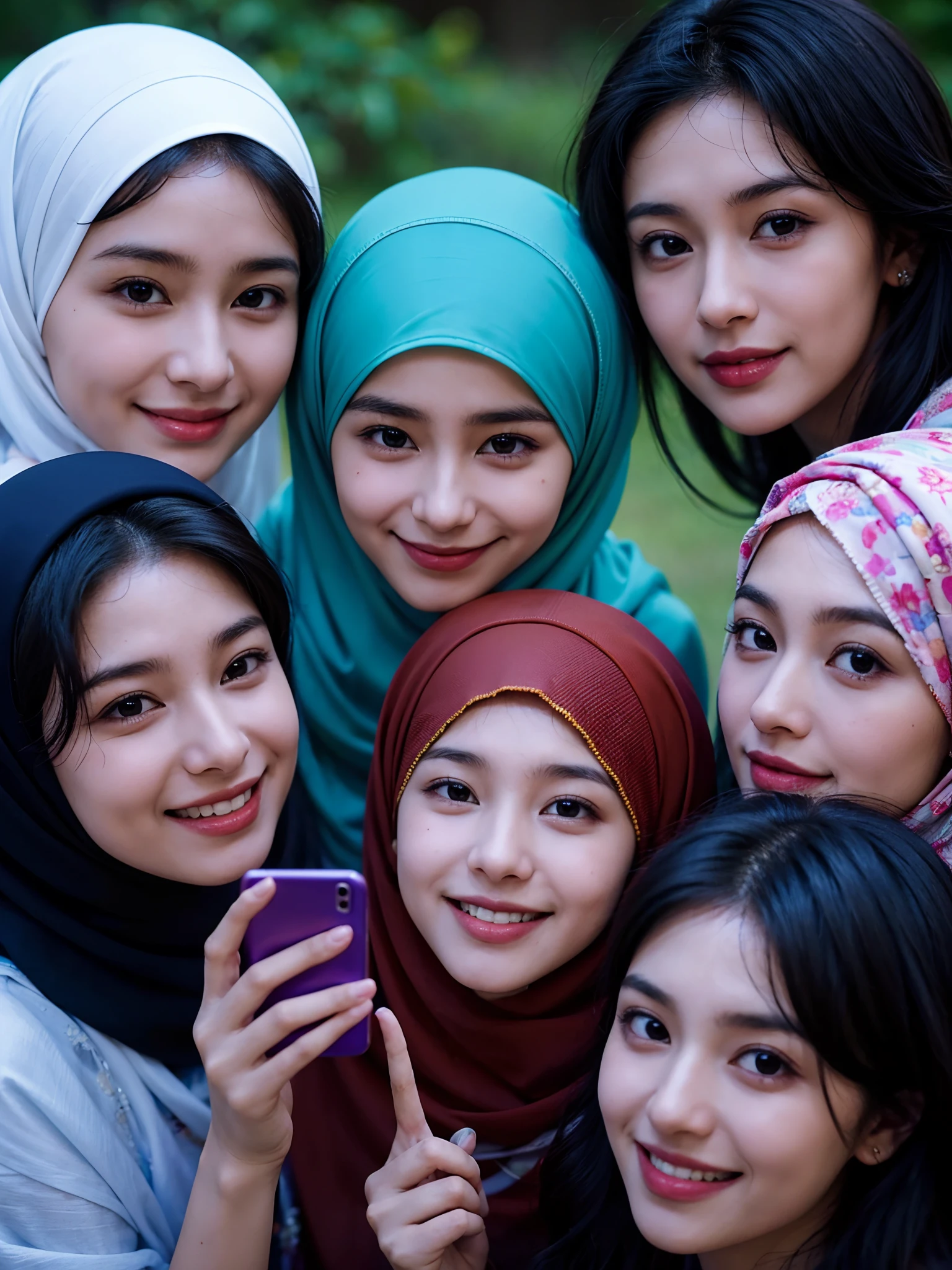 arafed woman in a headscarf smiling and holding a cell phone, faridah malik, zenra taliyah, hannah yata, protrait, friendly smile, friedly smile, close up potrait, ayamin kojima, inspired by Nazmi Ziya Guran, full protrait, student, with a beautifull smile, zaha hadi,