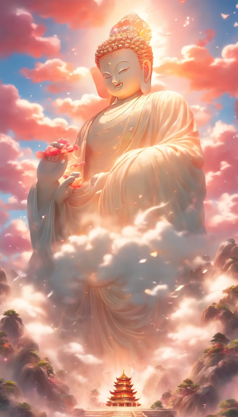 ((Masterpiece)),(Best quality)),China-style,In the sky, The clouds form a huge transparent glowing white jade Maitreya Buddha statue,Thick clouds,The sun shines,Pilgrims on the road,Hyper-realistic,Ultra photo realsisim,Pink,8K,High definition,high qulity,Works of masters,super-fine,(((OC renderer)))