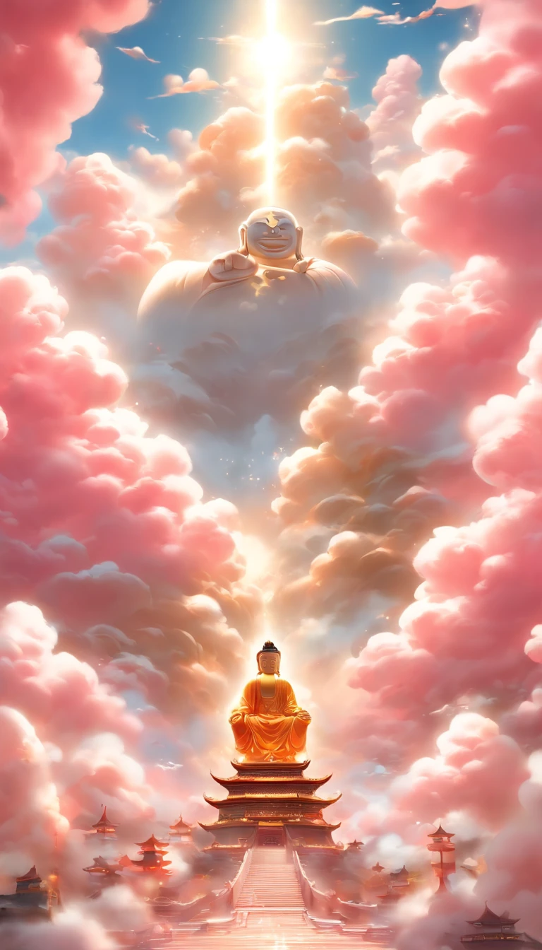 ((Masterpiece)),(Best quality)),China-style,In the sky, The clouds form a huge transparent glowing white jade Maitreya Buddha statue,Thick clouds,The sun shines,Pilgrims on the road,Hyper-realistic,Ultra photo realsisim,Pink,8K,High definition,high qulity,Works of masters,super-fine,(((OC renderer)))