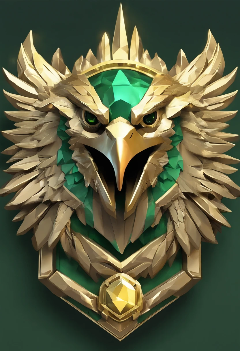 Game medallion with metal eagle head close-up with crown，Close-up of the eagle's head，hearthstone art style, Hearthstone style art, hearthstone concept art, Riot game concept art, style of league of legends, iconic character splash art, League of Legends crown，Game badge，Surrounding metal feathers，Green Gold，c4d渲染，Less detail，less detailing，Huge metal eagle head in the middle，The head has gorgeous gemstones