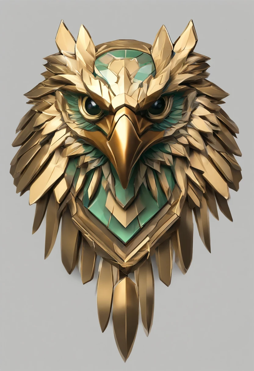 Game medallion with metal eagle head close-up with crown,Close-up of the eagle's head,hearthstone art style, Hearthstone style art, hearthstone concept art, Riot game concept art, style of league of legends, iconic character splash art, League of Legends crown,Game badge,Surrounding metal feathers,Green Gold,c4d渲染,Less detail,less detailing,Huge metal eagle head in the middle,The head has gorgeous gemstones