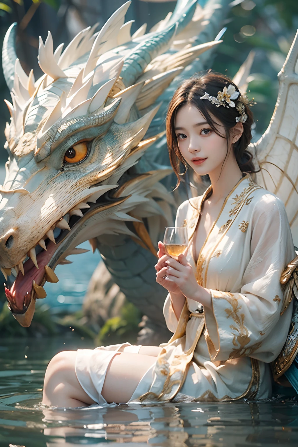 Dragons in Chinese mythology,(Portrait of an angel and a dragon god:1.3,)(Sheer and revealing white fluffy outfit:1.3, ),(Angel with glass wings floating above lake:1.3), (A glass dragon protects angels from behind:1.3),shiny light brown and orange striped hair,,,,Cute smile,Perfect round face,A cheerful smile that makes the viewer happy,Proper body proportion,masutepiece,Super high-quality output images,hight resolution,Intricate details,Hair fluttering in a very delicate and beautiful wind,photos realistic,Dreamy,Professional Lighting,realistic shadow,Beautiful hands,Beautiful fingers,Detailed finger features,detailed clothes features,Detailed hair features,detailed facial features,