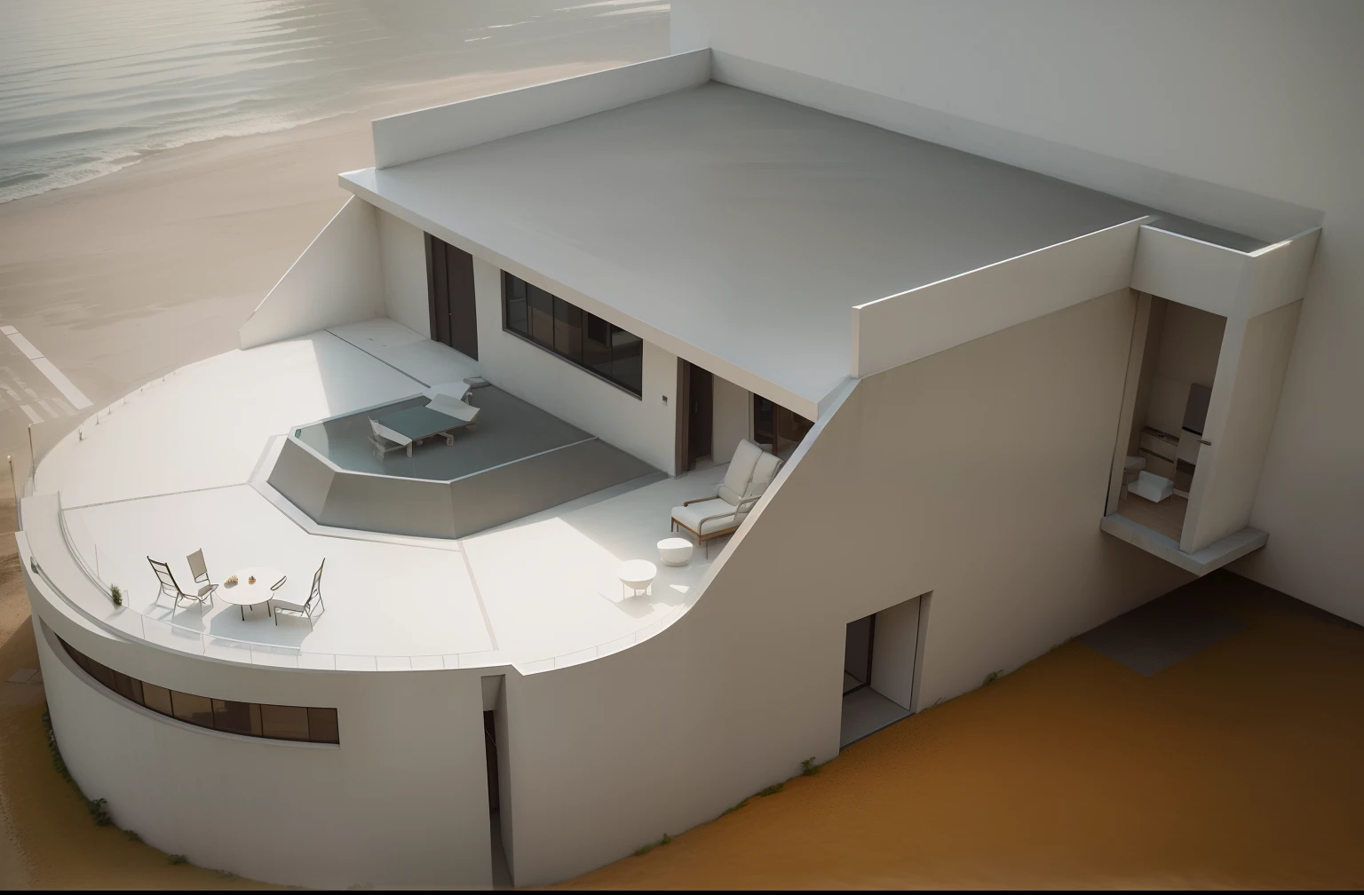 (Best Quality,4K,8K,hight resolution,masutepiece:1.2),Ultra-detailed,(Realistic,Photorealistic,Photorealsitic:1.37),Futuristic contemporary home, Dark concrete finish, Outside view, sleek design, Large floor-to-ceiling windows, a panoramic view, Shiny metal elements, Minimalist architecture, Sharp edges, Clean lines, Geometric shapes, Seamless integration with the environment, Architecture with courtyard, nature environment, Bright blue sky, and abundant natural light, Warm golden sunshine, dynamic compositions, High-tech materials, polished surfaces, The opening is glass, Sophisticated lighting, Dramatic shadows, Impeccable craftsmanship, Luxurious atmosphere, Invitation Entrance, Grand Entrance Door, wide々and open layouts, On the right is the outdoor terrace, Comfortable outdoor seating, Stylish outdoor furniture, The perfect balance between simplicity and elegance, striking contrast, Minimalistic color palette, Monochrome tone, Bold accents, Cutting-edge technology, Smart Home Systems, State-of-the-art appliances, evocative atmosphere, Contemporary Art Works, A harmonious blend of nature and modernity, Quiet and cozy atmosphere.