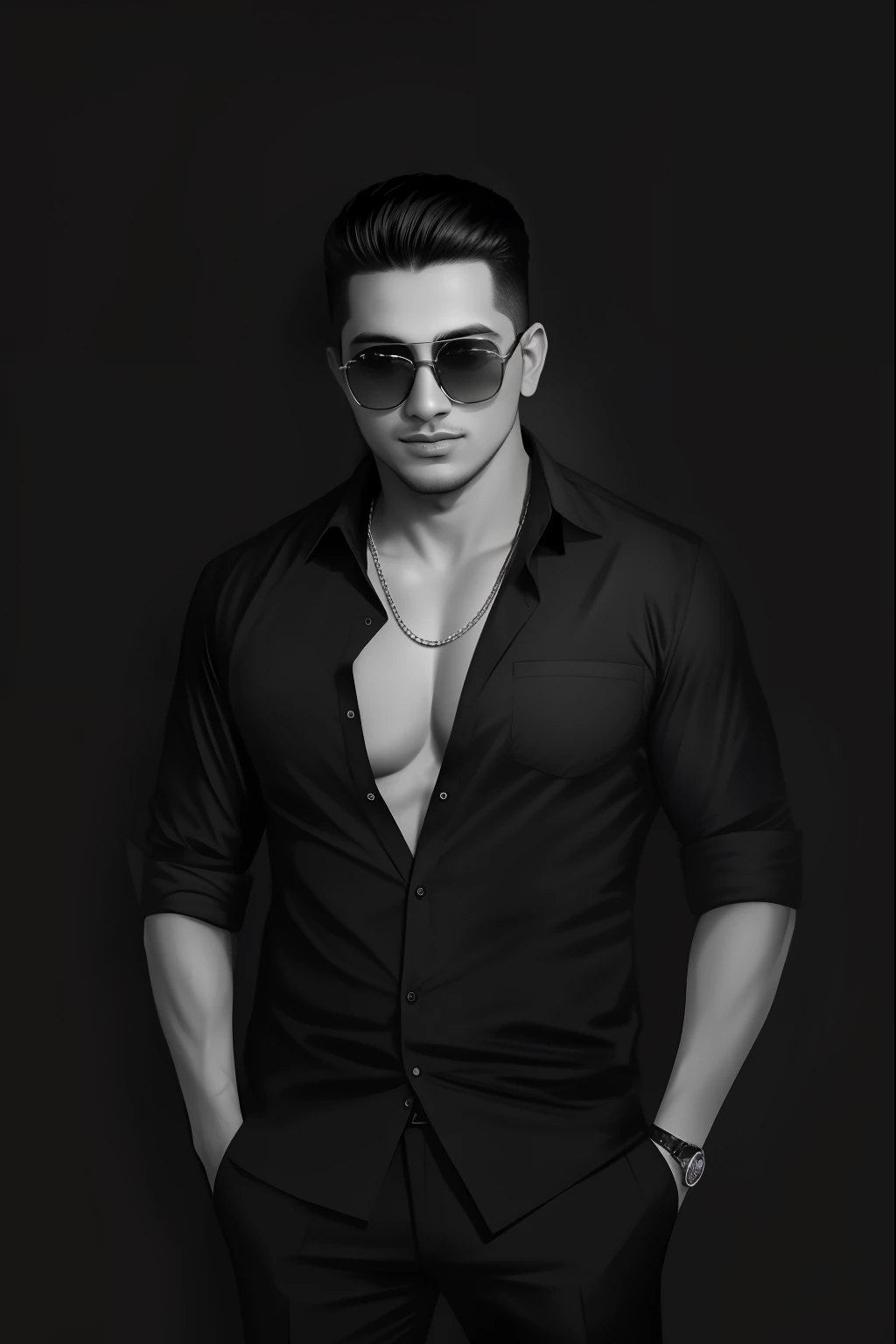 Arad men in black shirts and sunglasses pose for a photo, in front of a black background, khyzyl saleem, studio portrait photo, inspired by Randy Vargas, mohamed chahin style, on black background, full body shot of, Andres Rivers, dark backround, b&W photo, edited in photoshop, full body portrait shot, casual photography