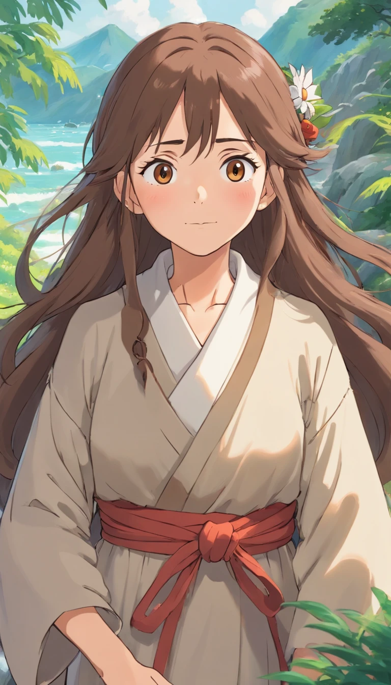 Old woman,with tide long brown hair,front view,wearing mother outfit.