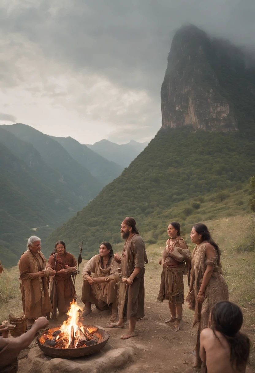 A group of people sat on the hill,The background is a mountain, Chinese primitives who eat barbecued meat, artist rendition, Ancient tribes, stone age rave in a cave, epic biblical depiction, artist rendition, rpg scene, the annunaki making humans, Accurate depiction, Human sacrifice, Historical and artistic depictions, tribe members attacking, Previous - family of historical cave people