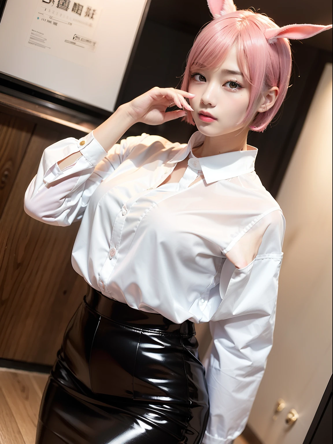 Pink short cut hair,Eat Frankfurt、eat sausage、Put the sausage on a skewer and put it in your mouth、Shove the sausage on the skewer into your mouth、cleavage of the breast、a park、Sit on a park bench、Wearing glasses、put on glasses、(8K, top-quality, masterpiece:1.2), (realisitic, Photorealsitic:1.37), ultra-detailliert, 1 girl in, full body Esbian, Hotel Rooms, (Adjusted hair:1.5) Officelady, Black Office Blazer, black office skirt,white shirt, (panthyhose: 1.2)、(Short button-down shirt:1.2)、Button Up Color Prim、Button Down Color Prim、bura、(panthyhose:1.2)、Alpha Layer、high-heels、cute little、独奏、Beautiful detailed sky、(A smile:1.15)、(Mouth closed)、tiny chest、Eyes in Beautiful Details、Business attire、(short-hair:1.2)、Floating Hair NovaFrogStyle、Hotel Bed、masuter piece、Pink Shortcut Bob、Realistic rabbit ears、Pink realistic rabbit ears、Realistic ears of rabbits sticking out of the head、Pink hair、Beautiful girl in her 20s、Bewitching atmosphere、Beautiful shaped hands、K-POP、Pink rabbit ears、1 girl in、独奏、masterpiece、top-quality、realisitic、Hyper-detailing、(Glossy skin:1.4)、absurderes、short pink hair、Slender beauties、动态照明、hight resolution、foco nítido、depth of fields、(thick thight:1.0)、A slender :1.2,((Short-cut bob hair))、((k pop:1.3)),Highly detailed facial and skin texture、((魅惑的)),Anatomically correct number of fingers,Correct anatomy