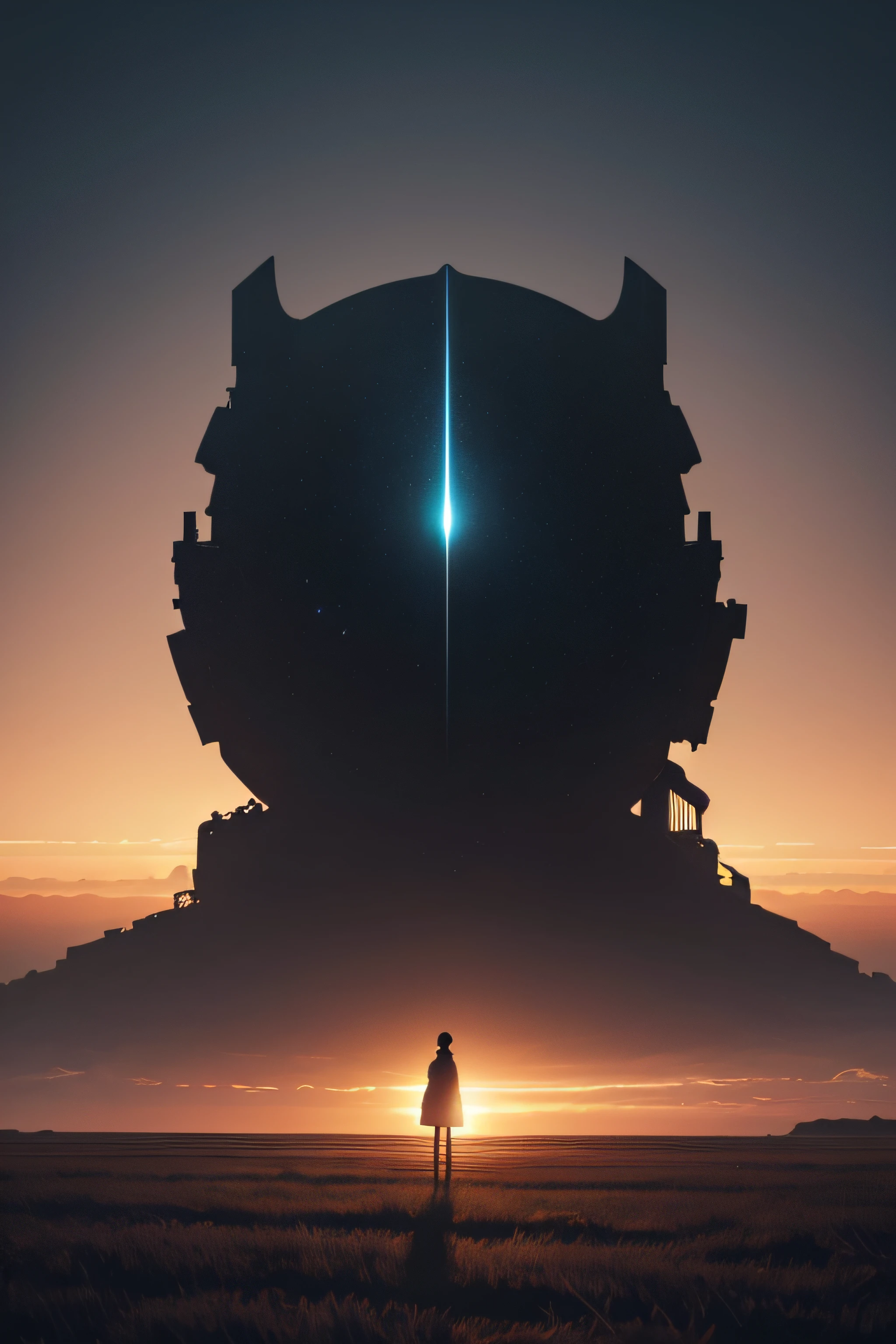 Create a stunning empty empyt field with dark silhouette of a distant giant ovni on the horizon, against sunset sky, cinematic composition that authentically captures the style, brushwork, and color palette of artist shaun tan. Prioritize an awe-inspiring level of quality, infuse a creative color palette, and place significant emphasis on composition and intricate details to pay homage to distinctive artistic signature., sf, intricate artwork masterpiece, ominous, matte painting movie poster, golden ratio, trending on cgsociety, intricate, epic, trending on artstation, by artgerm, h. r. giger and beksinski, highly detailed, vibrant, production cinematic character render, ultra high quality model