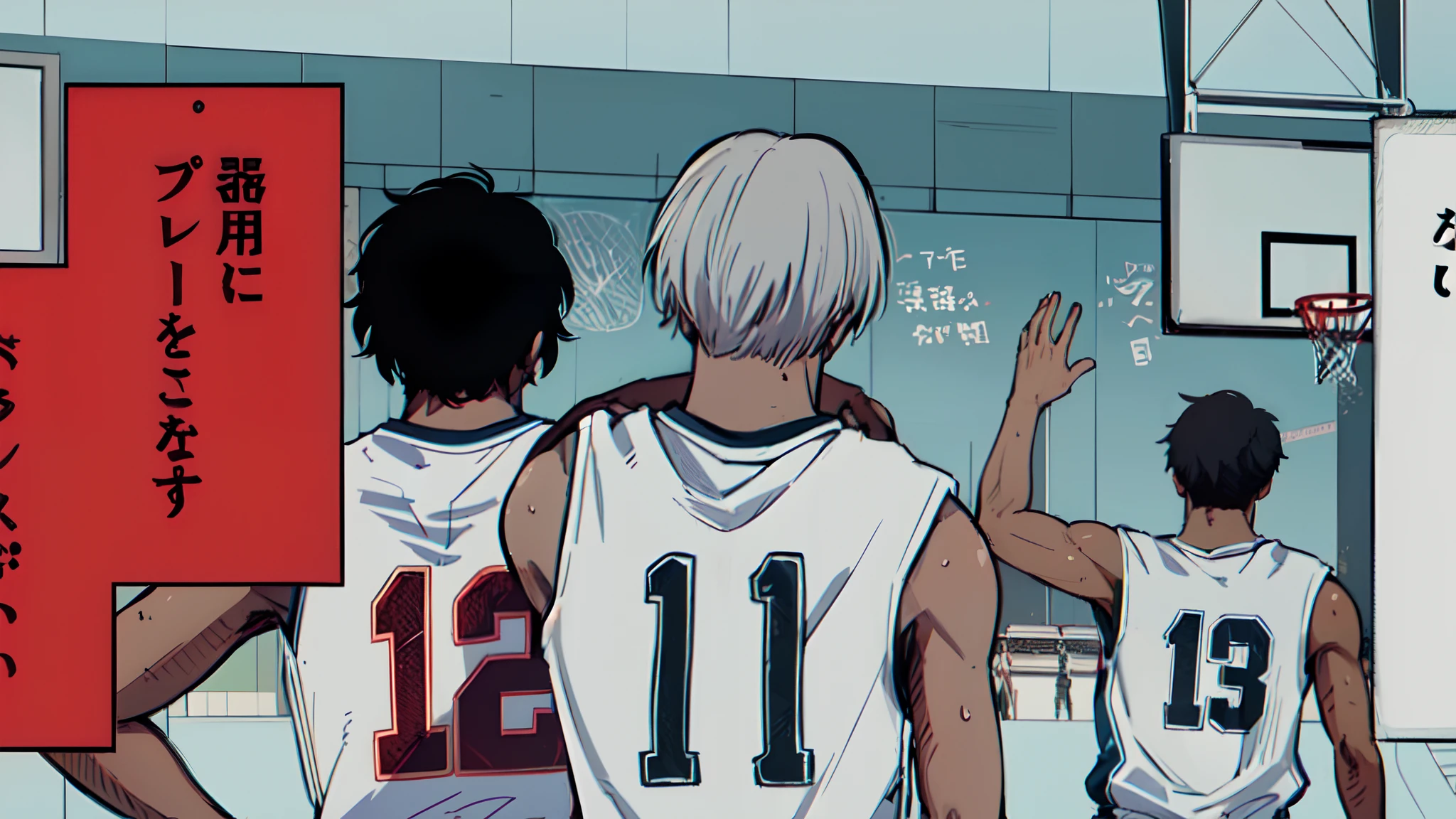 a anime of a boy cartoon from behind, from behind, tanktop, basketball court, manga, text manga, color manga, manga color, color manga, color manga panel, simple background