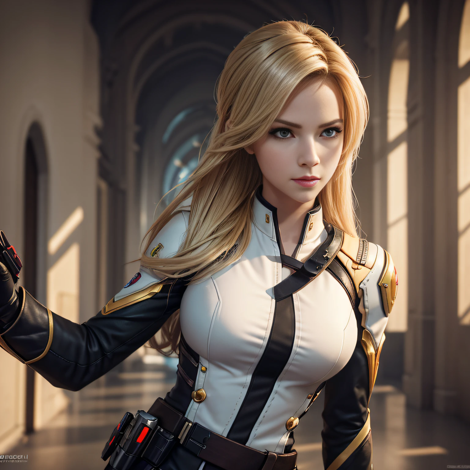 Best quality, Masterpiece, eyes reflection, Best quality, Masterpiece, The Eye of Mercy Reflex, Alone, In Starkta, Perfect body, Blonde, Overwatch mercy style hairstyle, OW uniform, Green eyes, Two arms, Hold your signature weapon, Low-cut uniform, utility belt, Alone, Command Room, 8K, Masterpiece, A high resolution, absurderes, natural volumetric lighting and best shadows, Deep depth of field, Sharp focus, Naughty face, Super delicious, Medium breasts