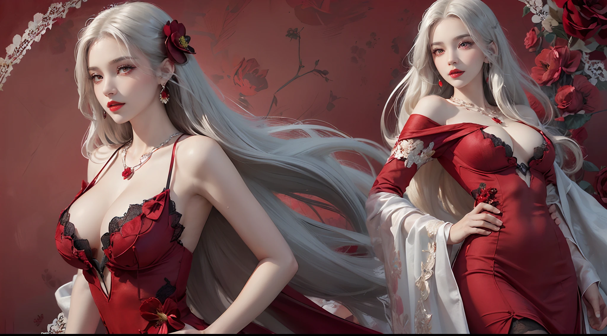 A beautiful and sexy 20 year old girl, ((wearing a super thin red dress:1.8)), diamond dress, ((long platinum hair:1.6)), bangs, elaborate jewelry made from gemstones beautiful sex and hair, ( ( wearing a black lace necklace:1.4))), aristocratic, noble style of an extremely beautiful girl, super cute little face, very pretty face, eyebrows thin, beautiful face, flawless, ((black eye pupils: 0.8))), very beautiful, ((light red eyes: 1.5)), beautiful makeup and hair, detailed eyelashes, makeup wet eyes, high nose, earrings, red lips, ((closed mouth: 1;5 )) beautiful lips, slim hands, most beautiful thighs, ((arms spread out to the sides: 1.5)), rosy face , clean face, flawless beautiful face, smooth white skin, ((big breasts: 1.5)), ((high breasts: 1.6)), firm breasts, beautiful cleavage, (((big and super round: 1.8))), ((super tight chest: 1.7)), beautiful breasts, ((spread shoulders: 1.5)), ((hiding 2 hands inside the skirt: 1.5)), beautiful breasts, thin black mesh stockings with black lace trim, perfect body, 8k photo, super high quality, super realistic, super 10x pixels, optical research, light studio, edge light, two-tone light, (skin with high detail: 1.2), super 8k, soft light, high quality, volumetric light, optical, optical high resolution, light, best photo, 4k quality, 8k, bokeh effect blur, smooth sharpness, 10 x pixels, ((red flower background:1.7)), aurora, lightning, super realistic graphics, most realistic map drawing, alone, solo, super sharp images outline, surreal, upper body of girl, (((frontal portrait: 1.6)))."