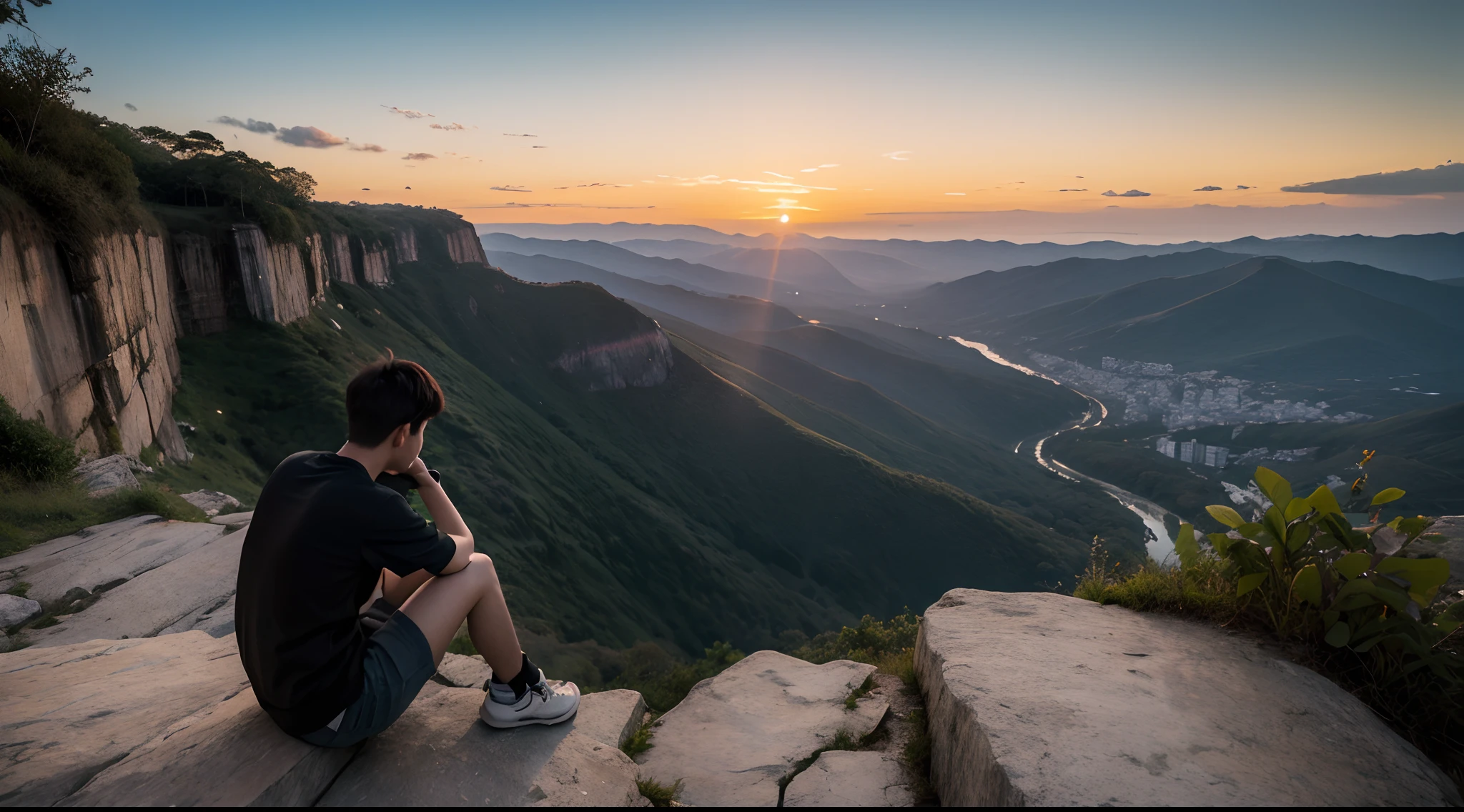 A boy's background，sitting at the edge of a cliff，Looking at the sunset in the distance，photorealestic，super wide shot，The overall feeling was sad