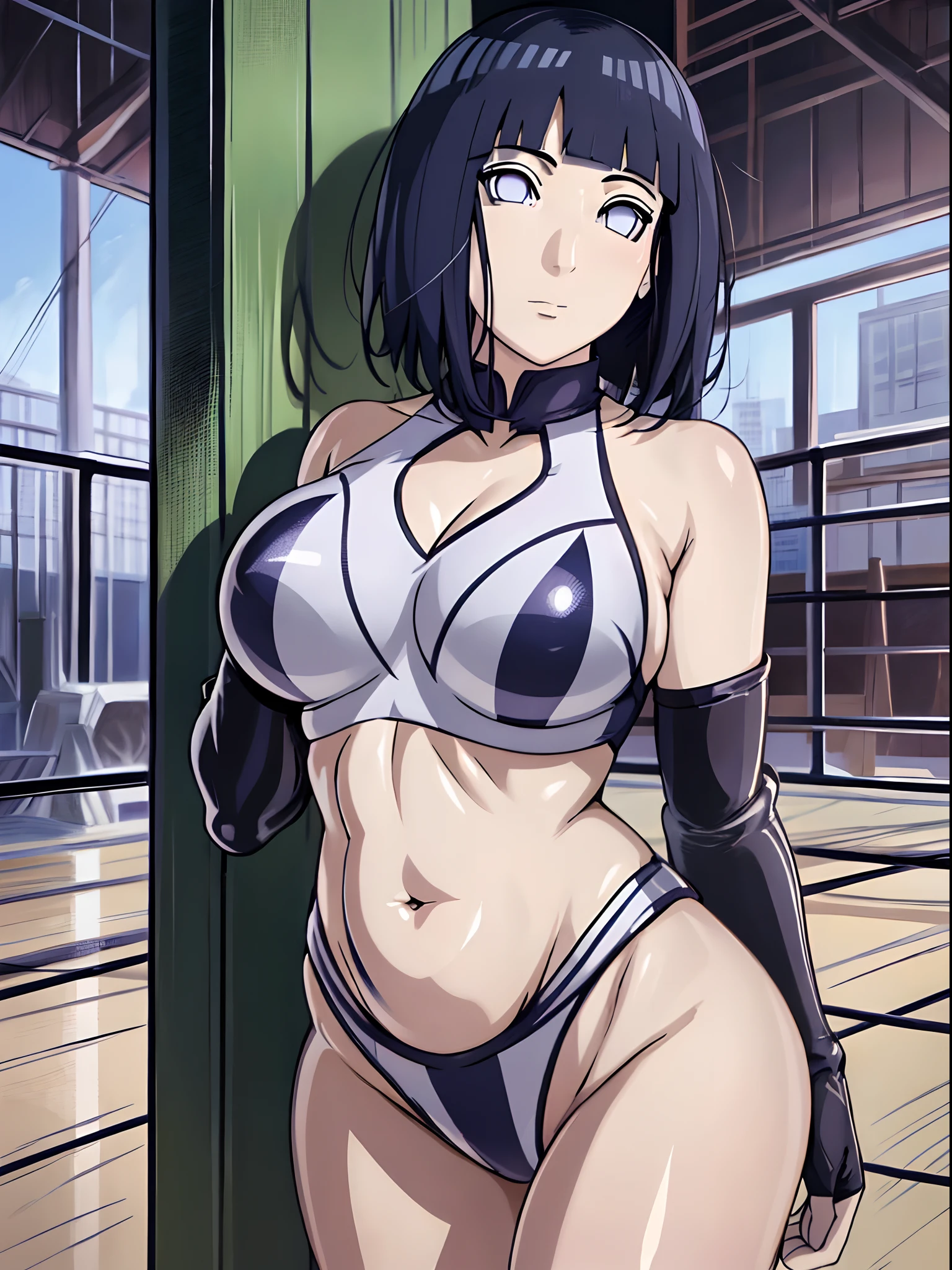 (ultra detailed body, curvy), ((solo, 1 girl)), anime style, hires, ((wrestling stage, (children watching))), (hinata\(boruto\), (female wrestler), (slender body, broad shoulders), (mature woman, milf), (topless, , ultra detailed pro wrestling gear, long gloves), (extremely gorgeous), (confident face, closed mouth), (pale skin, shiny skin, lighting and shadow), (dark blue hair color:1.1), wavy hair, ((short hair, hime cut), big breasts, (()), (long belly), (very seductive), (perfect eyes, white sciera, bright eyes, white eyes, anime eyes)