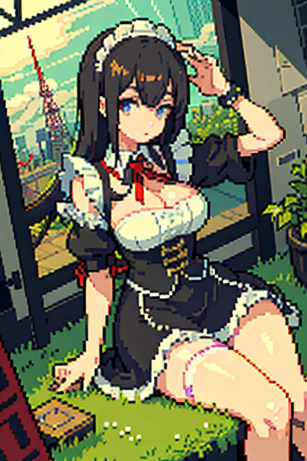 (masterpiece、top-quality、top-quality)、pixels、Pixel art、Tokyo Tower、ruins、One girl、maid clothes、My chest is empty、Thighs are visible、Have a submachine gun,