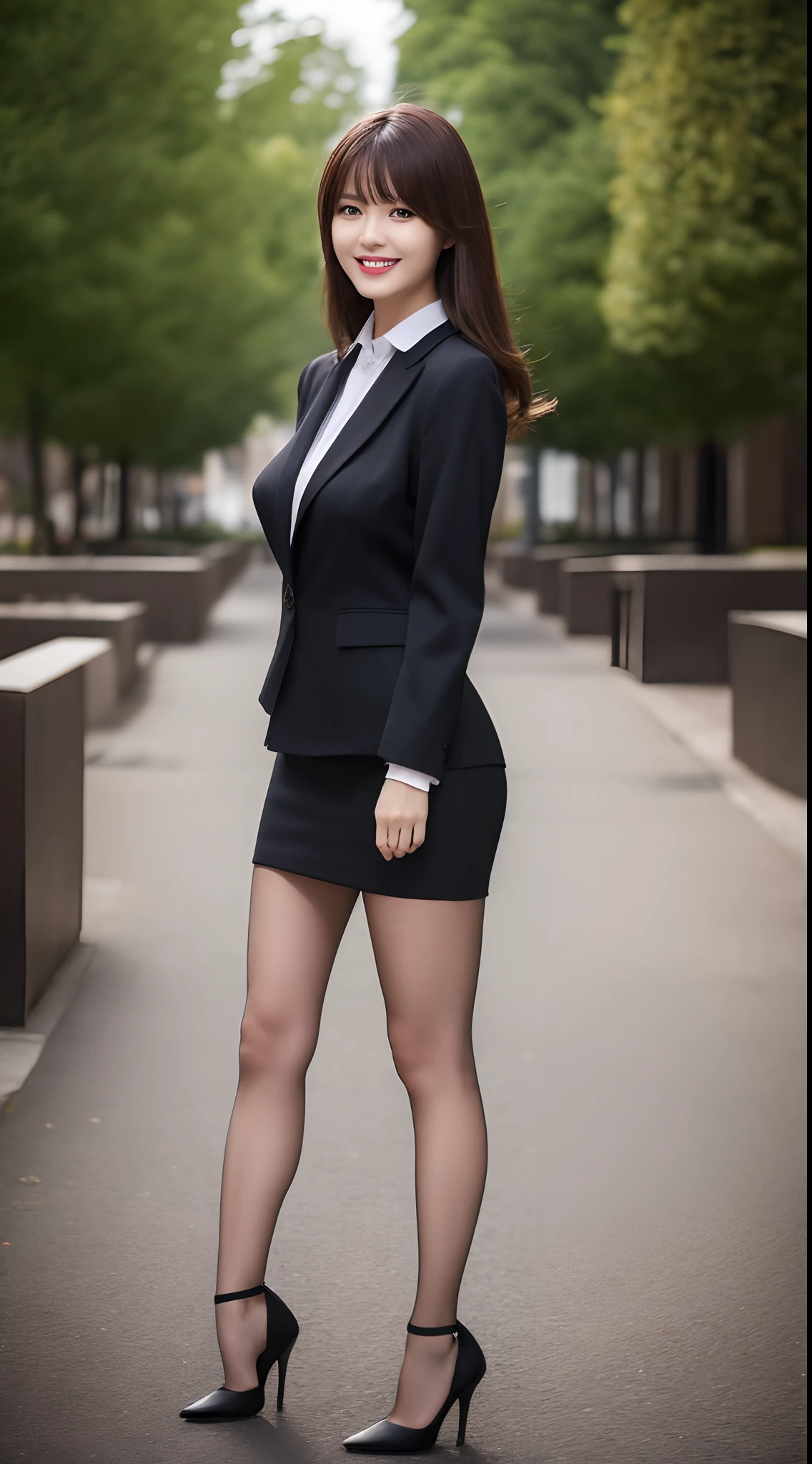 (top-quality、超A high resolution、masterpiece:1.3)、A tall and pretty woman、longeyelashes, striated hair, light brown hair, hair behind ear, Long hair with bangs, shortpants, a miniskirt, longeyelashes, Parted lips, surrealism, drop shadow, anaglyph, stereograms, surrealism, Verism, depth of fields, Backlighting, Expose F/1.2, One-person viewpoint, Super Detail, ccurate, Best Quality, nffsw, masutepiece, Textured skin, Best Quality, hard disk, 8K, Parks in the city, blurry backround, ((big breasts thin waist)), skinny thigh, (Colossal tits:1.1), Natural Color Lip, Smile, Collared shirt, Black pantyhose, long legged, Young woman in perfect style, Tight mini skirt suit