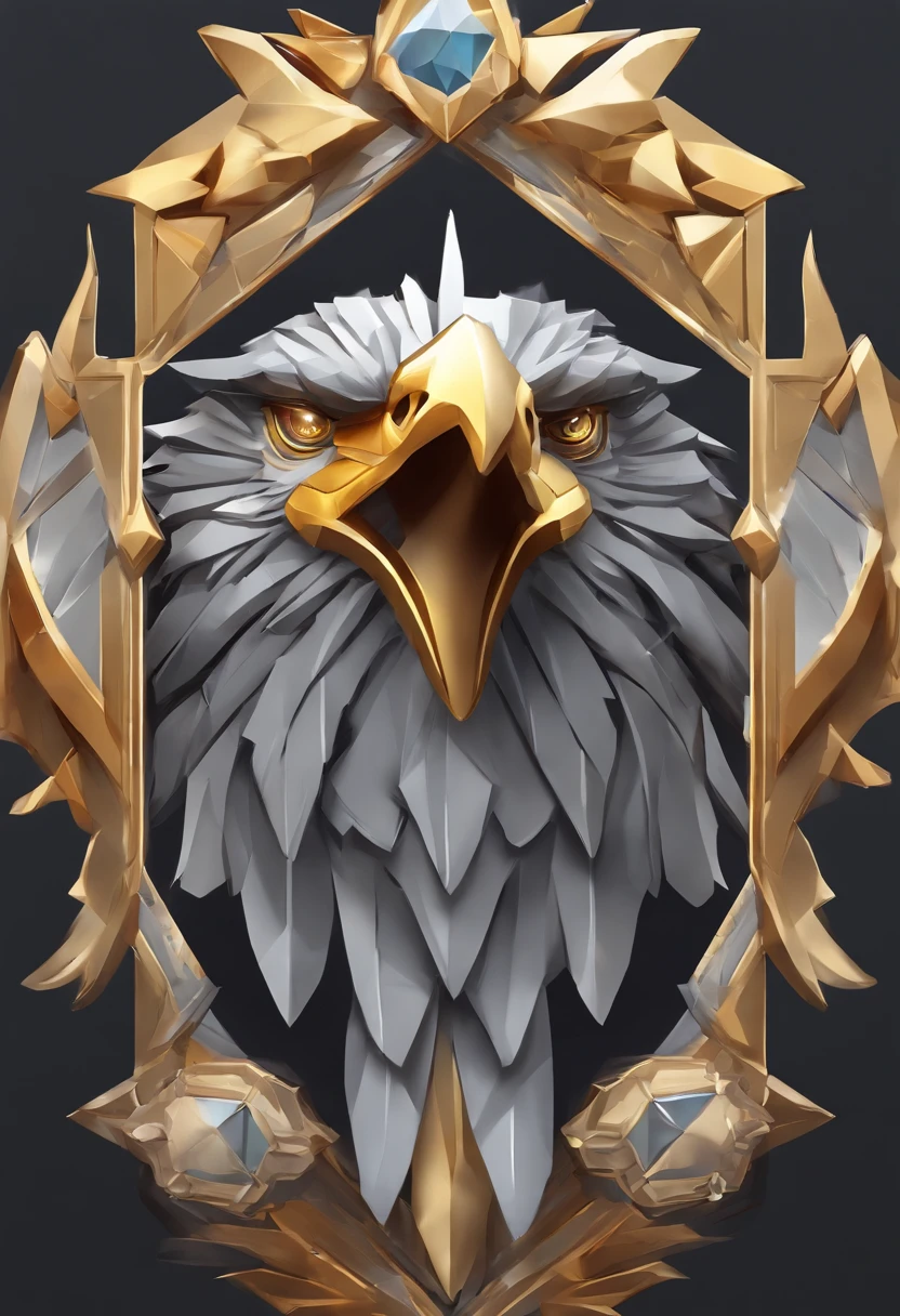 Game medallion with metal eagle head close-up with crown，Close-up of the eagle's head，hearthstone art style, Hearthstone style art, hearthstone concept art, Riot game concept art, style of league of legends, iconic character splash art, League of Legends crown，Game badge，Surrounding metal feathers，Gray gold，c4d渲染，Less detail，less detailing，Huge metal eagle head in the middle，The head has gorgeous gemstones