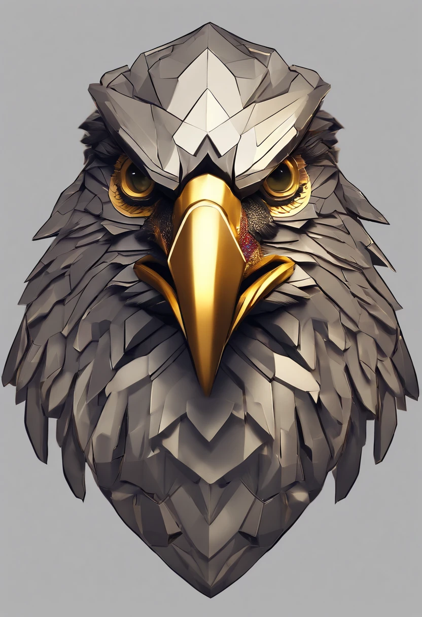 Game medallion with metal eagle head close-up with crown,Close-up of the eagle's head,hearthstone art style, Hearthstone style art, hearthstone concept art, Riot game concept art, style of league of legends, iconic character splash art, League of Legends crown,Game badge,Surrounding metal feathers,Gray gold,c4d渲染,Less detail,less detailing,Huge metal eagle head in the middle,The head has gorgeous gemstones