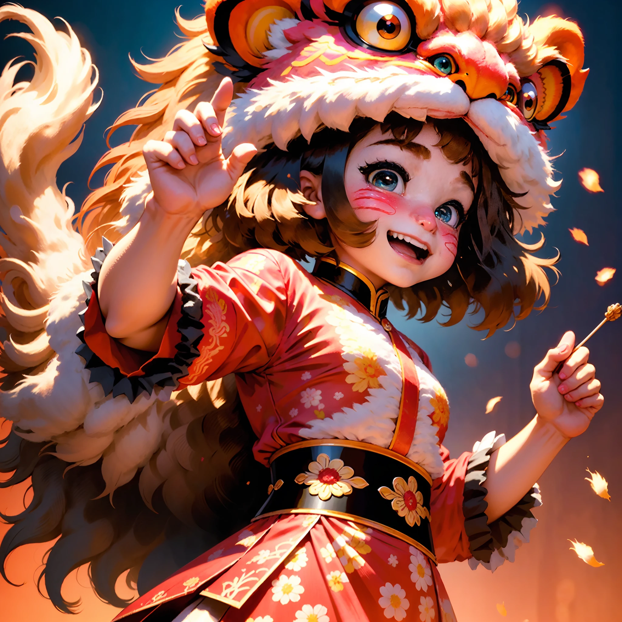 tmasterpiece，best qualtiy，highest  quality，ultra-detailliert，Best resolution，8K，CG，illustration，National style，Oriental Ancient Street，Mighty and domineering lion，Big-headed lion，Oriental lion dance，Impossible clothes，boisterous，bustle，jubilation，The sound of firecrackers，Anime effects，the detail，Happy ，Detailed facial details，Natural blush，anatomy correct，five fingers