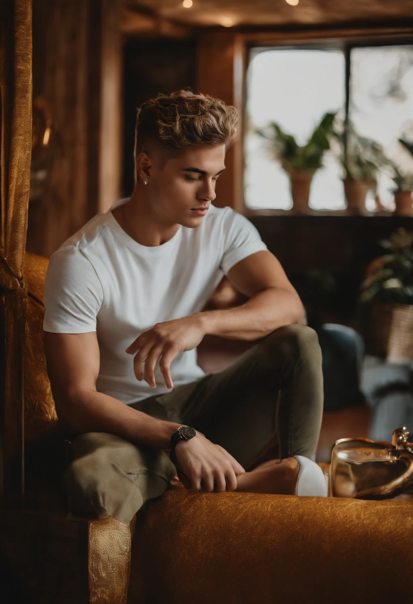 Homem branco jovem forte, com cabelos muito curtos e loiro muito claro dourado de etnia europeia. Ele deve estar em seu apartamento, de costas pra foto e sem camisa.