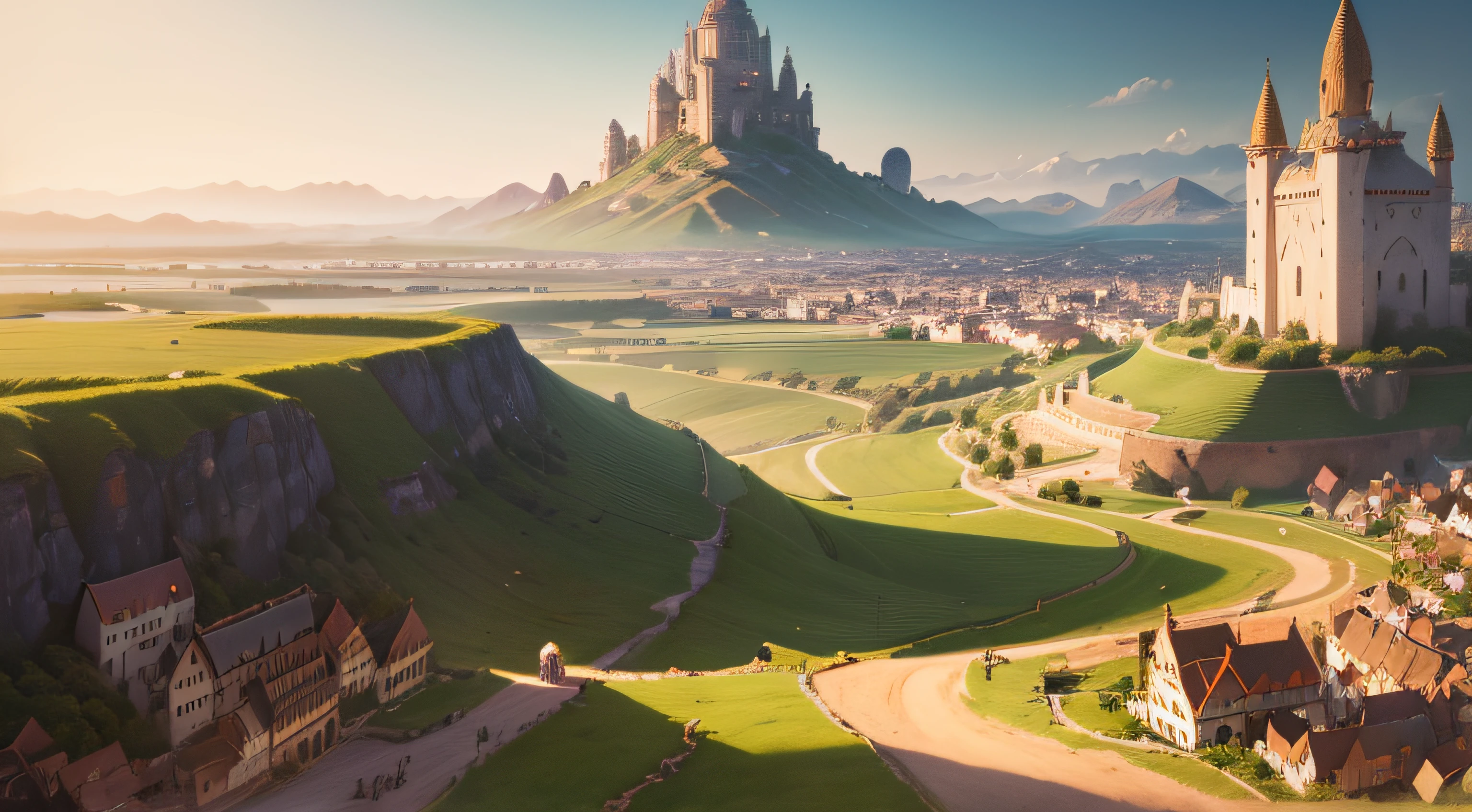 high res, ultra detailed, Design an image with a cinematic lens , about Princess Lila and bird, with vibrant fields and bustling villages the vast kingdom of Lumina in the background . Everything is rendered in 8K ultra-high detail, .The kingdom of Lumina bathed in golden sunlight, with happy villagers celebrating and children playing in the fields.