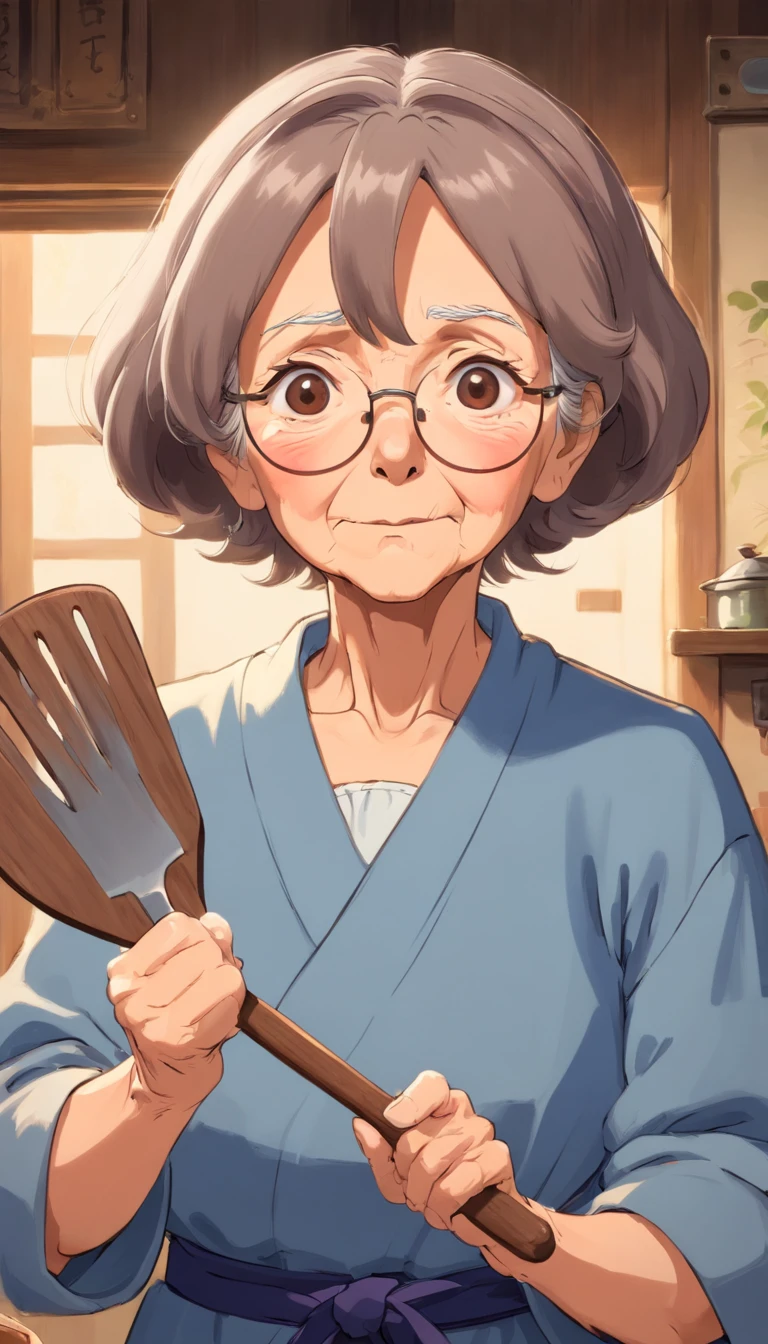 Old woman,brown hair,aunt look,front view,holding spatula,strict face.