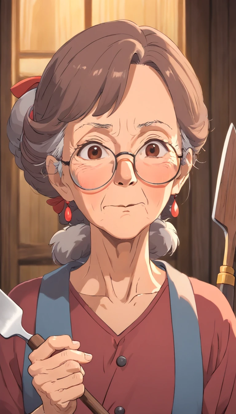 Old woman,brown hair,aunt look,front view,holding spatula,strict face.