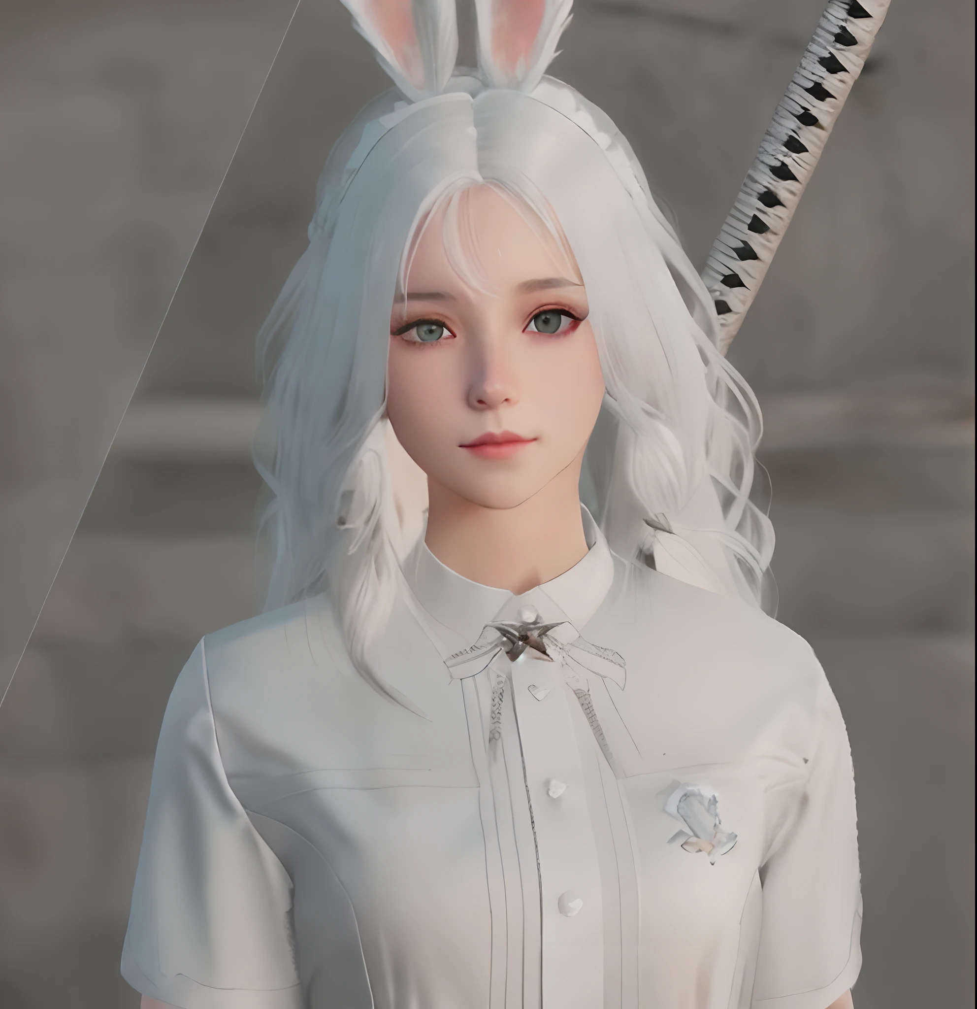 there is a woman with a bunny ears and a white shirt, ultrarealistic sweet bunny girl, white cat girl, white ( cat ) girl, perfect white haired girl, render of april, detailed white long hair, girl with white hair, one girl has white hair, female character, white haired, close up character, with white long hair, with long white hair