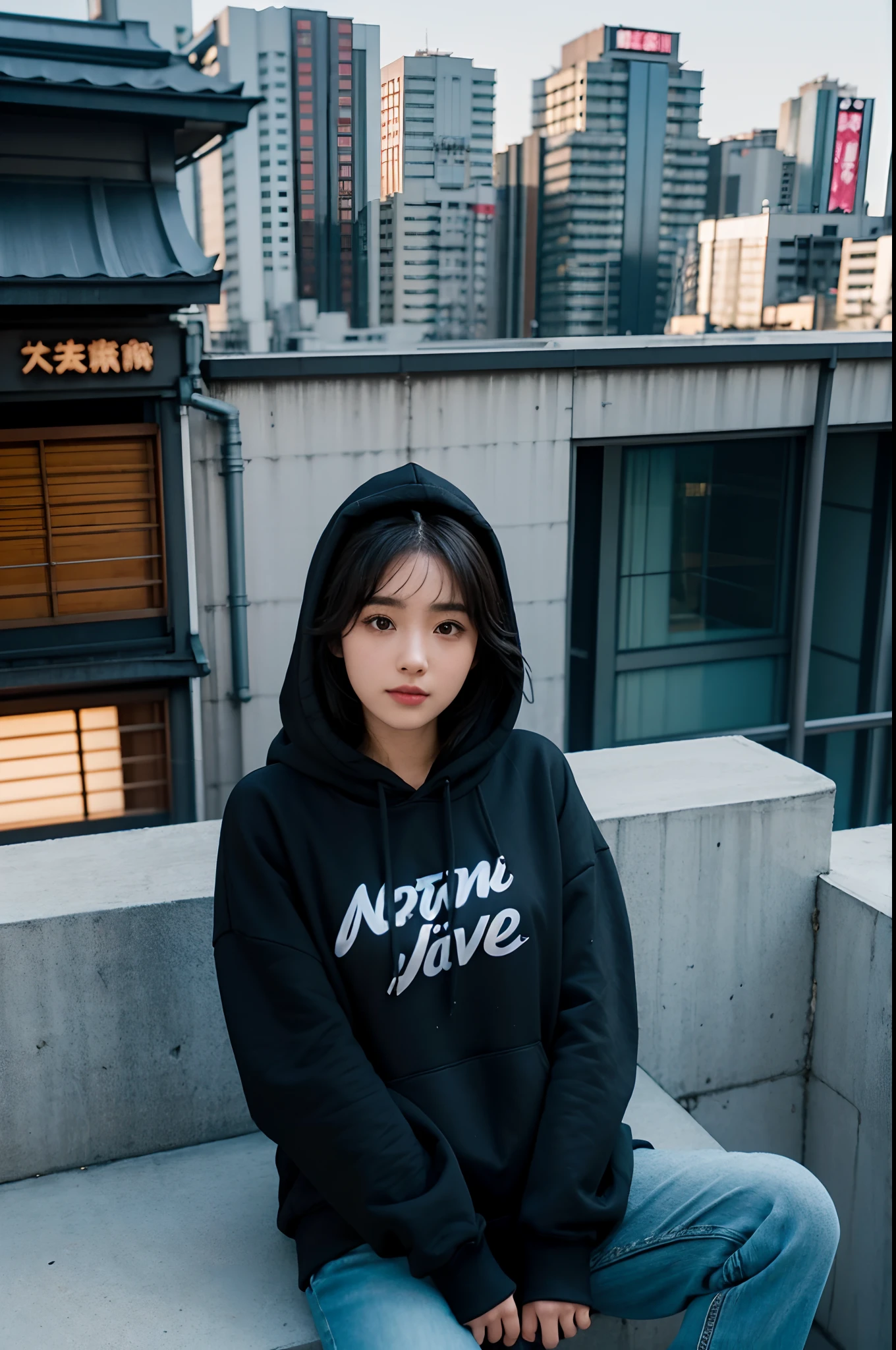 arafed woman standing on a balcony with her arms out, pokimane, girl wearing hoodie, in neotokyo, black haired girl wearing hoodie, mid shot portrait, wearing jeans and a black hoodie, sitting in tokyo, set in tokyo rooftop, cynthwave, wearing a blue hoodie, (neotokyo), gemma chen, in tokio, complex!!