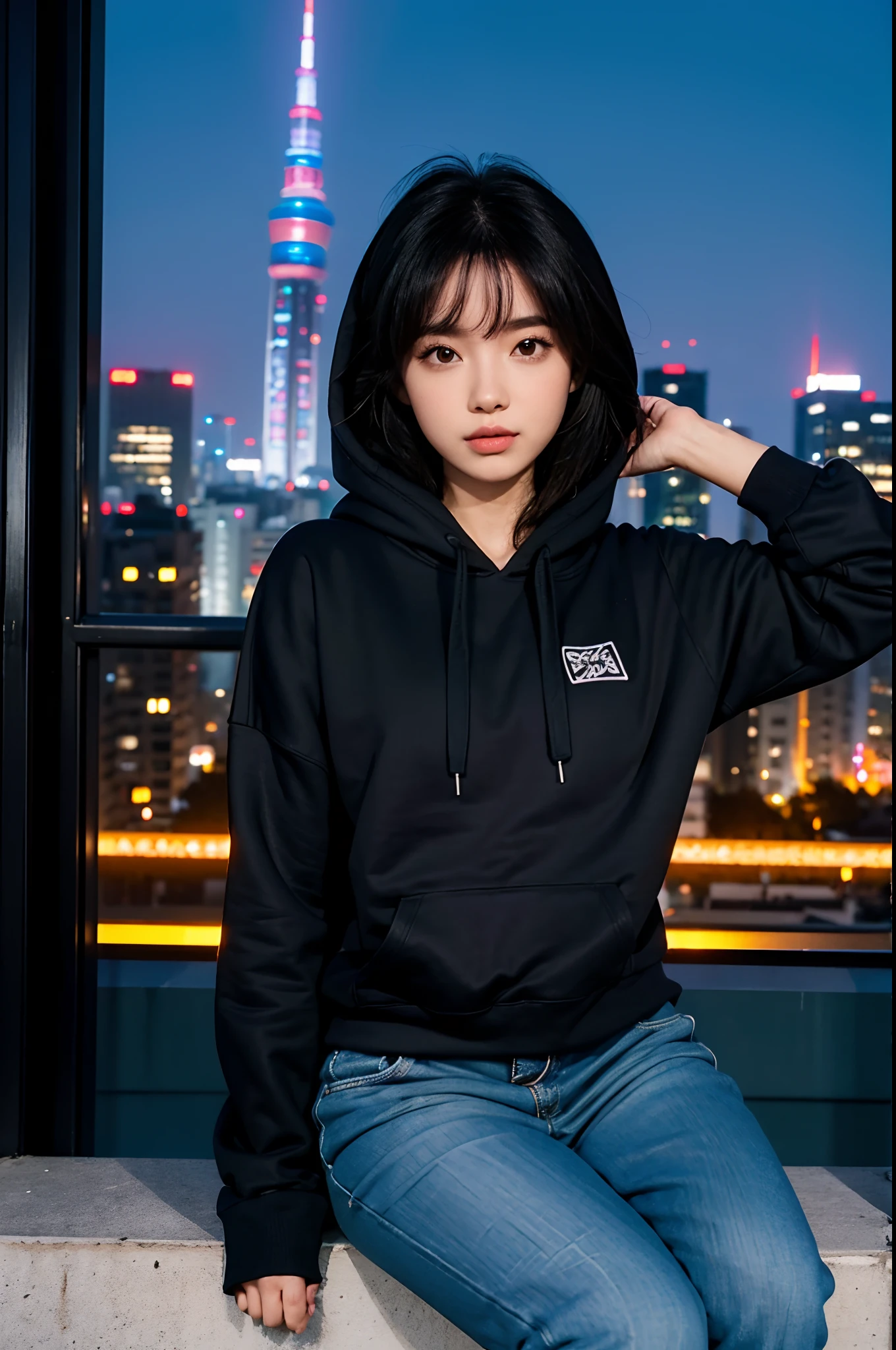 arafed woman standing on a balcony with her arms out, pokimane, girl wearing hoodie, in neotokyo, black haired girl wearing hoodie, mid shot portrait, wearing jeans and a black hoodie, sitting in tokyo, set in tokyo rooftop, cynthwave, wearing a blue hoodie, (neotokyo), gemma chen, in tokio, complex!!