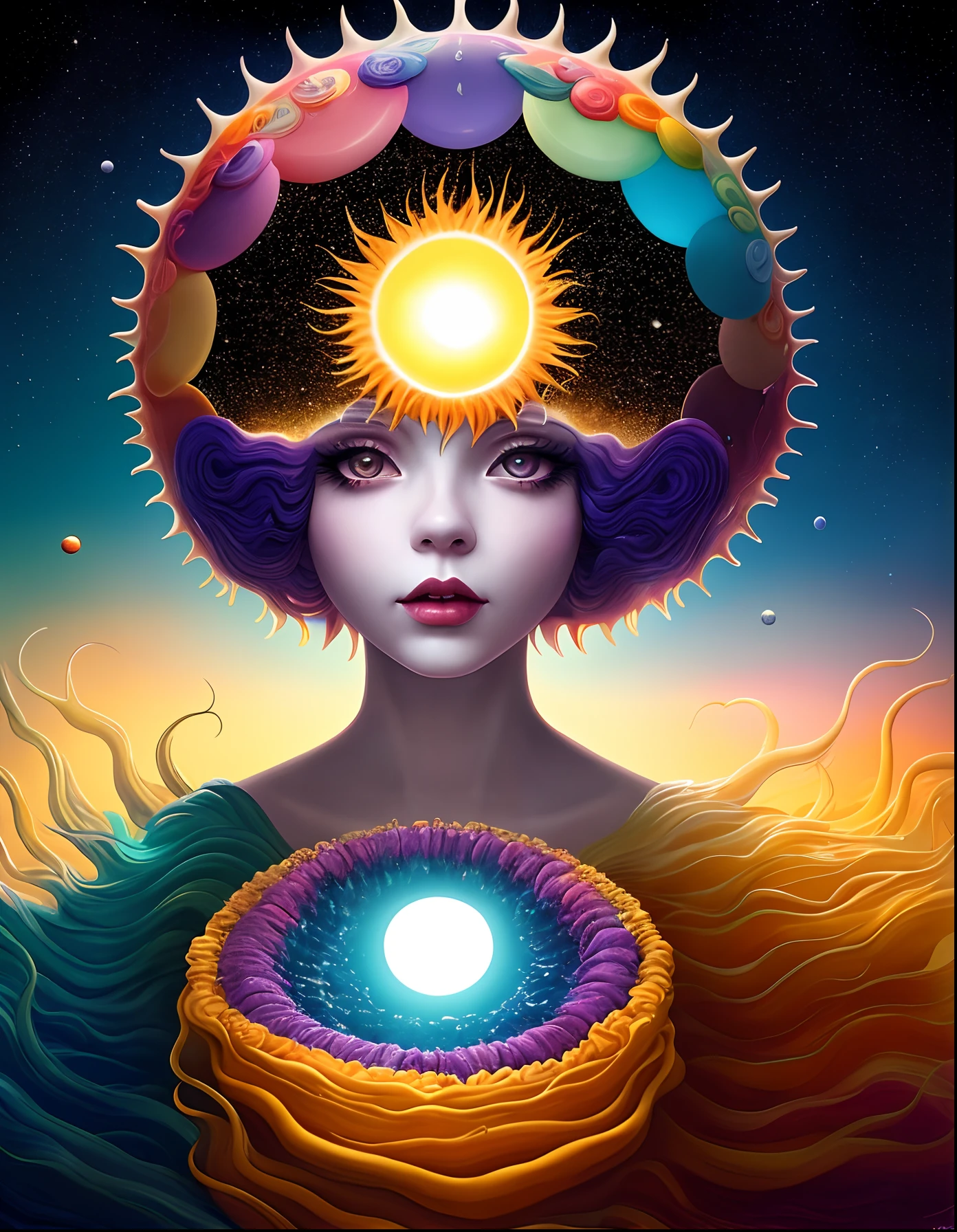 Color Pop Style, Photo photo portrait of the sun surrounded by satellites of orbiting planets, blonde spiky hair, natalie shau, Mark Ryden, Alberto Seveso, Brooke Shaden, Anna Dittmann, Flora Borsi, 8K resolution, Perfect composition, Milky way, Rainbow Color, Flying insects, scales, Wings, Blue, Texture, with an intricate, Gorgeous, Shadow, Pastel colors, 。.3D, Highly detailed, Stylishly decorated, Tim burton, Dale Chihuly, Xiaolongcheng, by Cyril Rolando, by J. Jeeg,joy,dance,Two