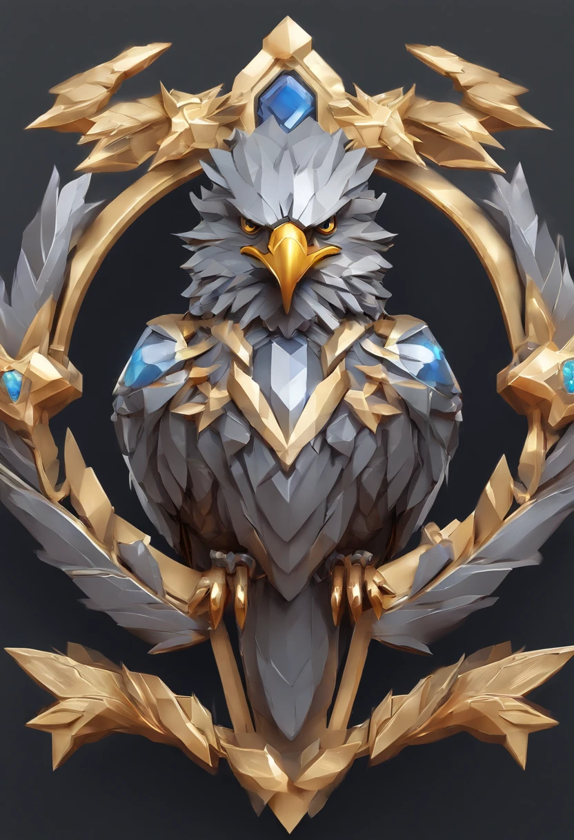 Game medallion with metal eagle head close-up with crown，Close-up of the eagle's head，hearthstone art style, Hearthstone style art, hearthstone concept art, Riot game concept art, style of league of legends, iconic character splash art, League of Legends crown，Game badge，Surrounding metal feathers，Gray gold，c4d渲染，Less detail，less detailing，Huge metal eagle head in the middle，The head has gorgeous gemstones