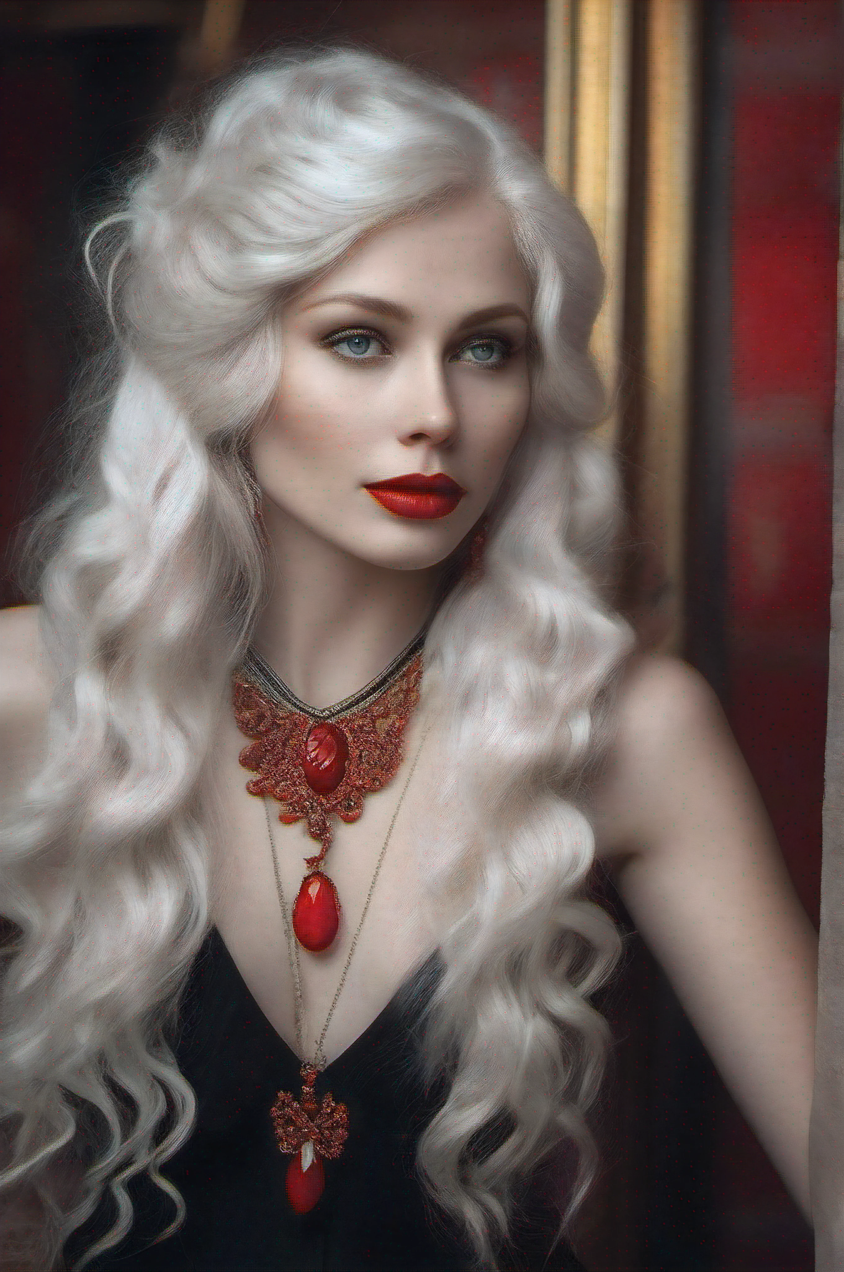 Russian female model realistically long curly white hair with well-defined Soviet features, with a special figure and sublime facial features, charming sky blue eyes and well-defined fiery red lips. dressed in a black dress with a red jewel around her neck and golden bracelets on her right hand like a queen. bookeh, depth of field.