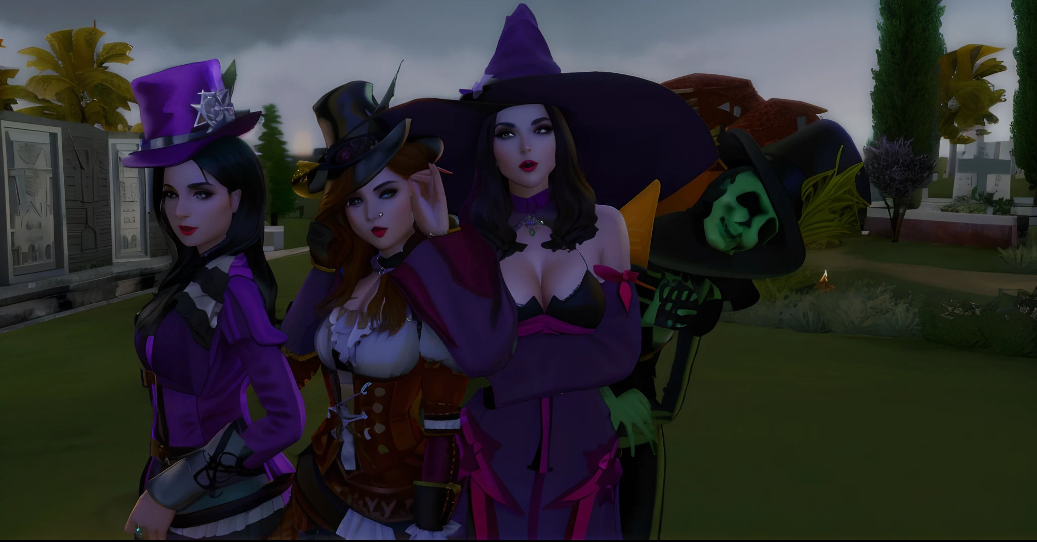 Three women dressed in costumes and hats posing for a photo, pose de spellcasting, O Conselho das Cadelas Assustadoras, Bruxas, wearing a witch's hat, O Munster em segundo plano, Scarry mas enfeitiçando, pose assustadora, pose sinistra, from the black mage cemetery!!!, casting an evil spell, pose assustadora, Soldados mortos-vivos no fundo, cena de halloween, Witchy