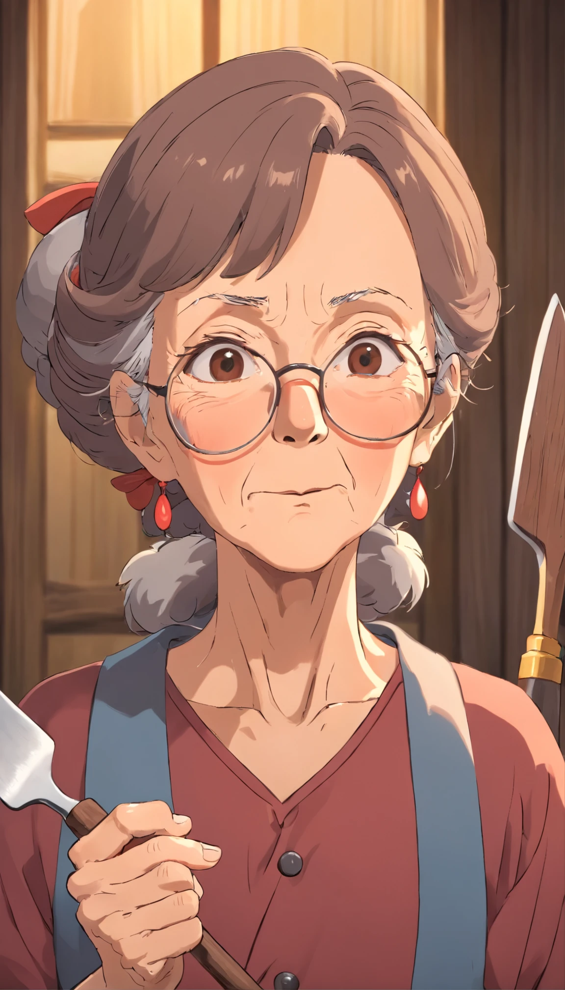 Old woman,brown hair,aunt look,front view,holding spatula,strict face.