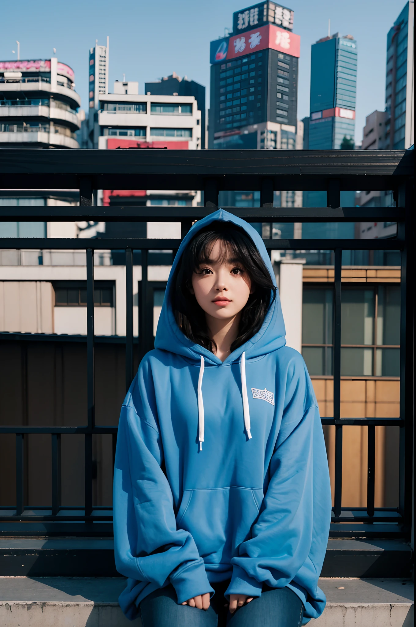 arafed woman standing on a balcony with her arms out, pokimane, girl wearing hoodie, in neotokyo, black haired girl wearing hoodie, mid shot portrait, wearing jeans and a black hoodie, sitting in tokyo, set in tokyo rooftop, cynthwave, wearing a blue hoodie, (neotokyo), gemma chen, in tokio, complex!!
