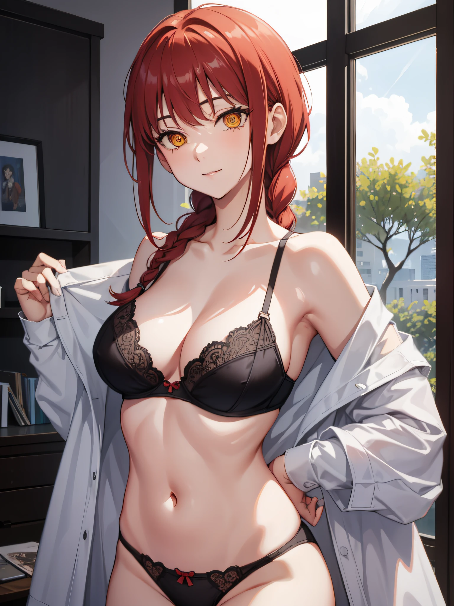 makima, makima, long hair, smile, bangs, small breasts, (yellow eyes:1.2), braid, red hair, braided ponytail, ringed eyes, bra, panties, black bra, black panties, portrait shot, upper body shot, face focus, closeup shot, only upper body shot, BREAK indoors, office, BREAK looking at viewer, BREAK (masterpiece:1.2), best quality, high resolution, unity 8k wallpaper, (illustration:0.8), (beautiful detailed eyes:1.6), extremely detailed face, perfect lighting, extremely detailed CG, (perfect hands, perfect anatomy),